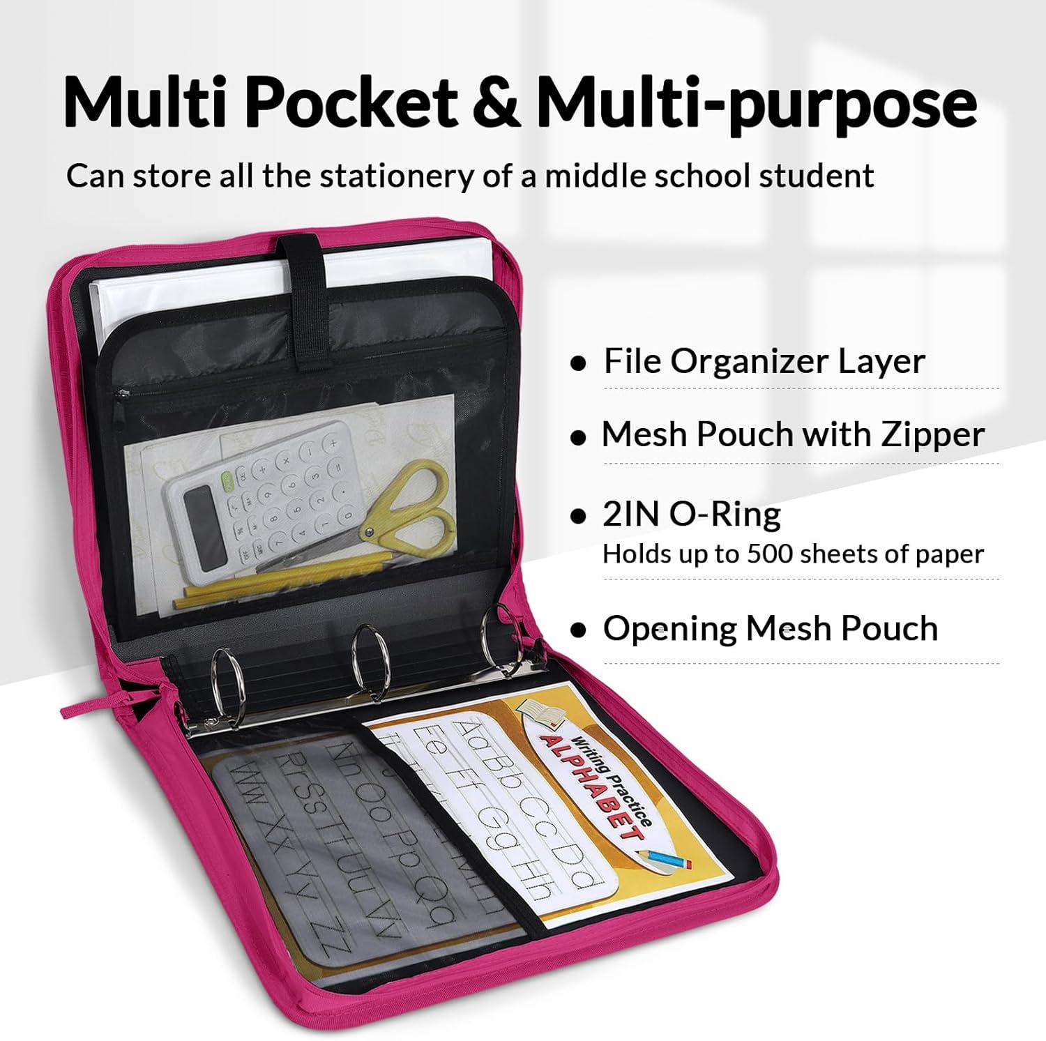 image:imageSUNEE Zipper Binder Bag with Handle 2Inch 3Ring ORing 5Tab Expanding File Folder MultiPocket Organizer Binder for Middle School Berry Pink