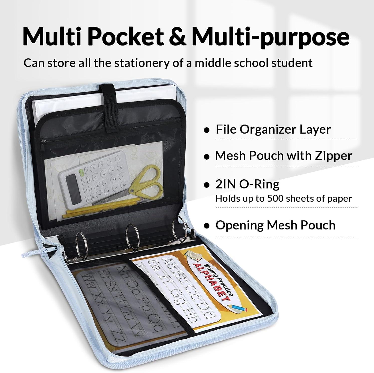 image:imageSUNEE Zipper Binder Bag with Handle 2Inch 3Ring ORing 5Tab Expanding File Folder MultiPocket Organizer Binder for Middle School Dusk Blue