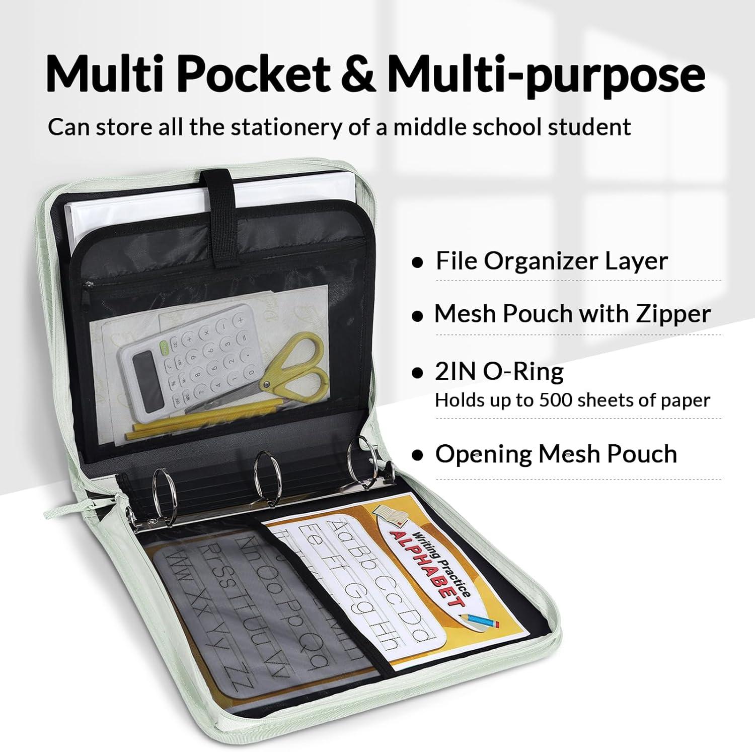 image:imageSUNEE Zipper Binder Bag with Handle 2Inch 3Ring ORing 5Tab Expanding File Folder MultiPocket Organizer Binder for Middle School Sage Green