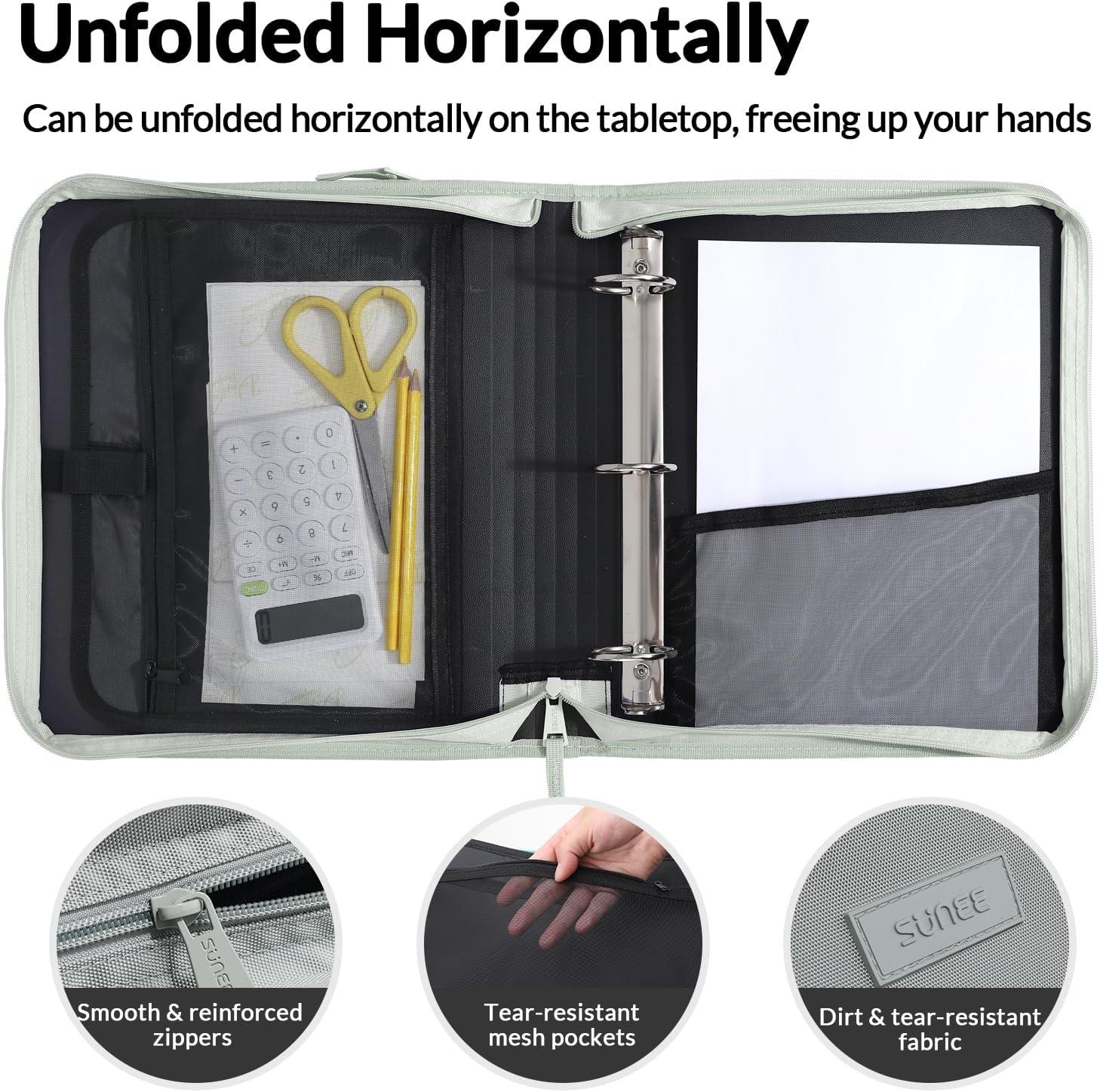 image:imageSUNEE Zipper Binder Bag with Handle 2Inch 3Ring ORing 5Tab Expanding File Folder MultiPocket Organizer Binder for Middle School Sage Green