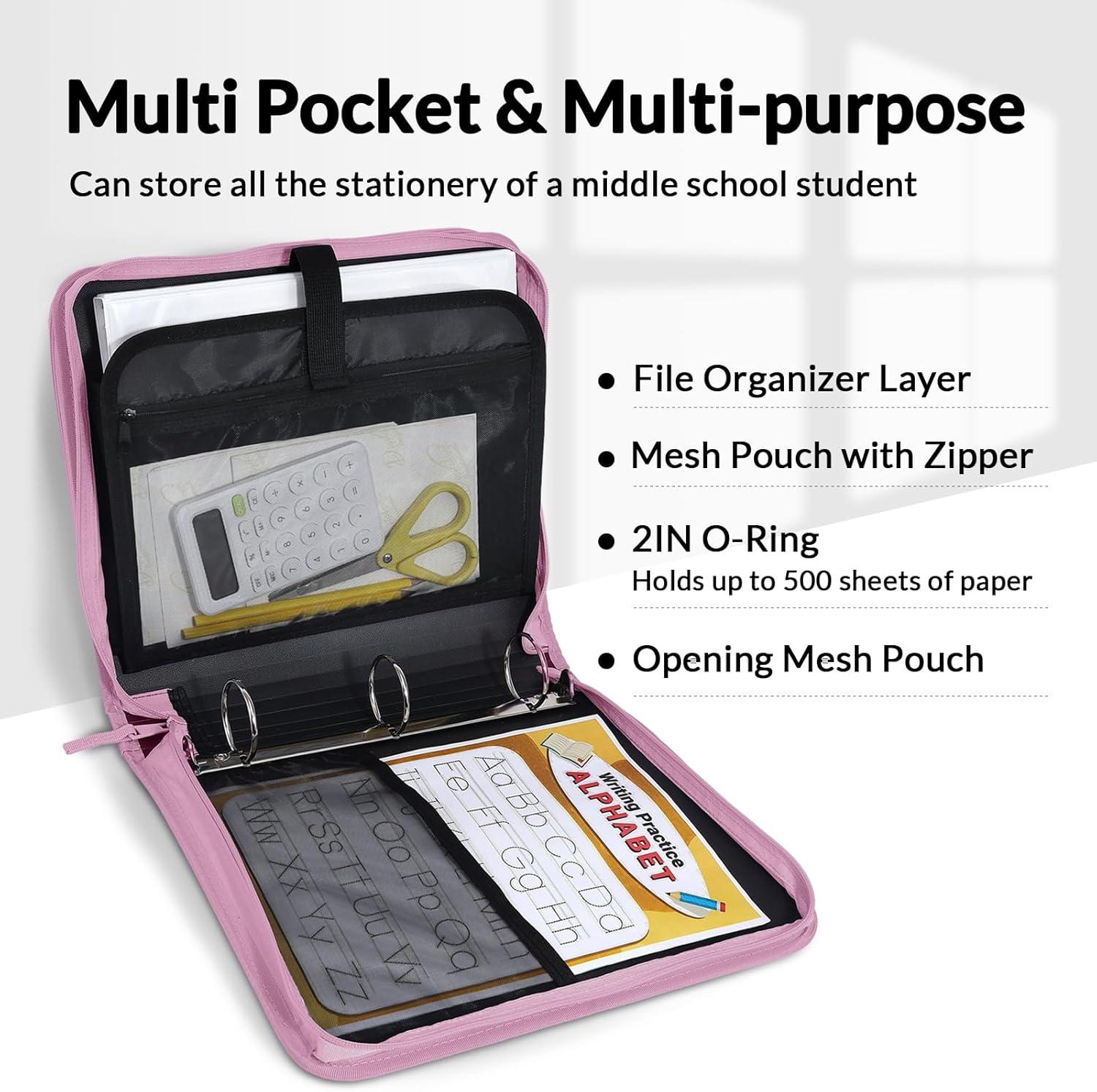 image:imageSUNEE Zippered Binder Bag with Handle 2Inch 3Ring ORing 500Sheet Capacity Includes Zip Pocket 5Tab Expanding File Folder MultiPocket Organizer Binder for Middle School Grape Purple