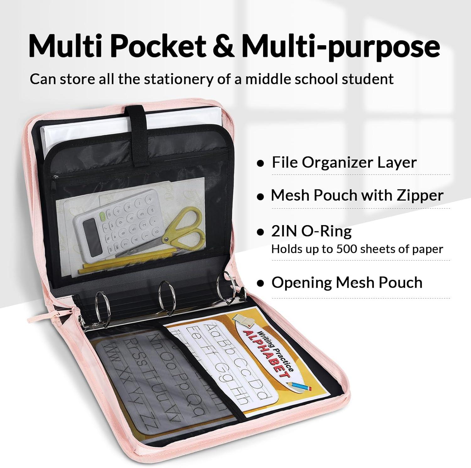 image:imageSUNEE Zippered Binder Bag with Handle 2Inch 3Ring ORing 500Sheet Capacity Includes Zip Pocket 5Tab Expanding File Folder MultiPocket Organizer Binder for Middle School Pink Lotus