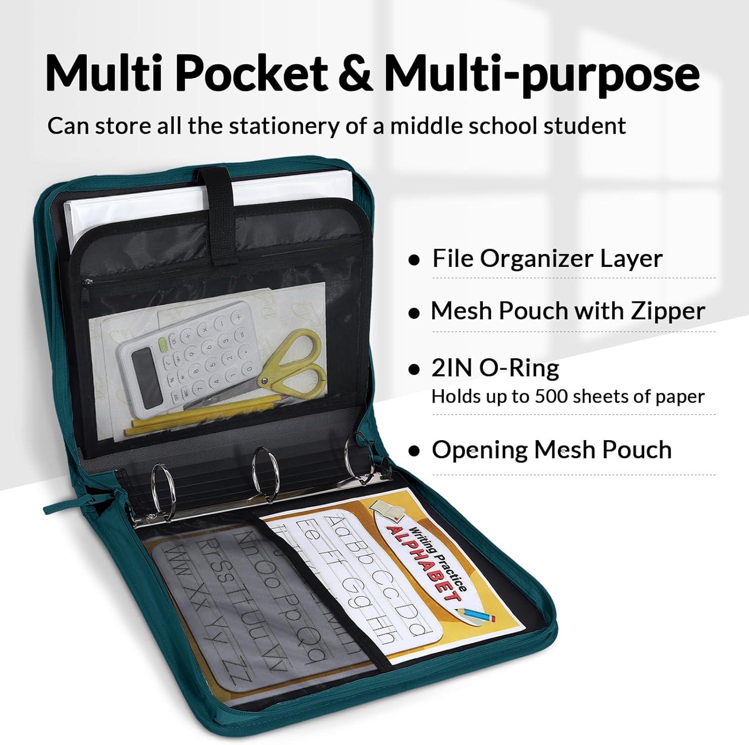 image:imageSUNEE Zippered Binder Bag with Handle 2Inch 3Ring ORing 500Sheet Capacity Includes Zip Pocket 5Tab Expanding File Folder MultiPocket Organizer Binder for Middle School Deep TealGreen