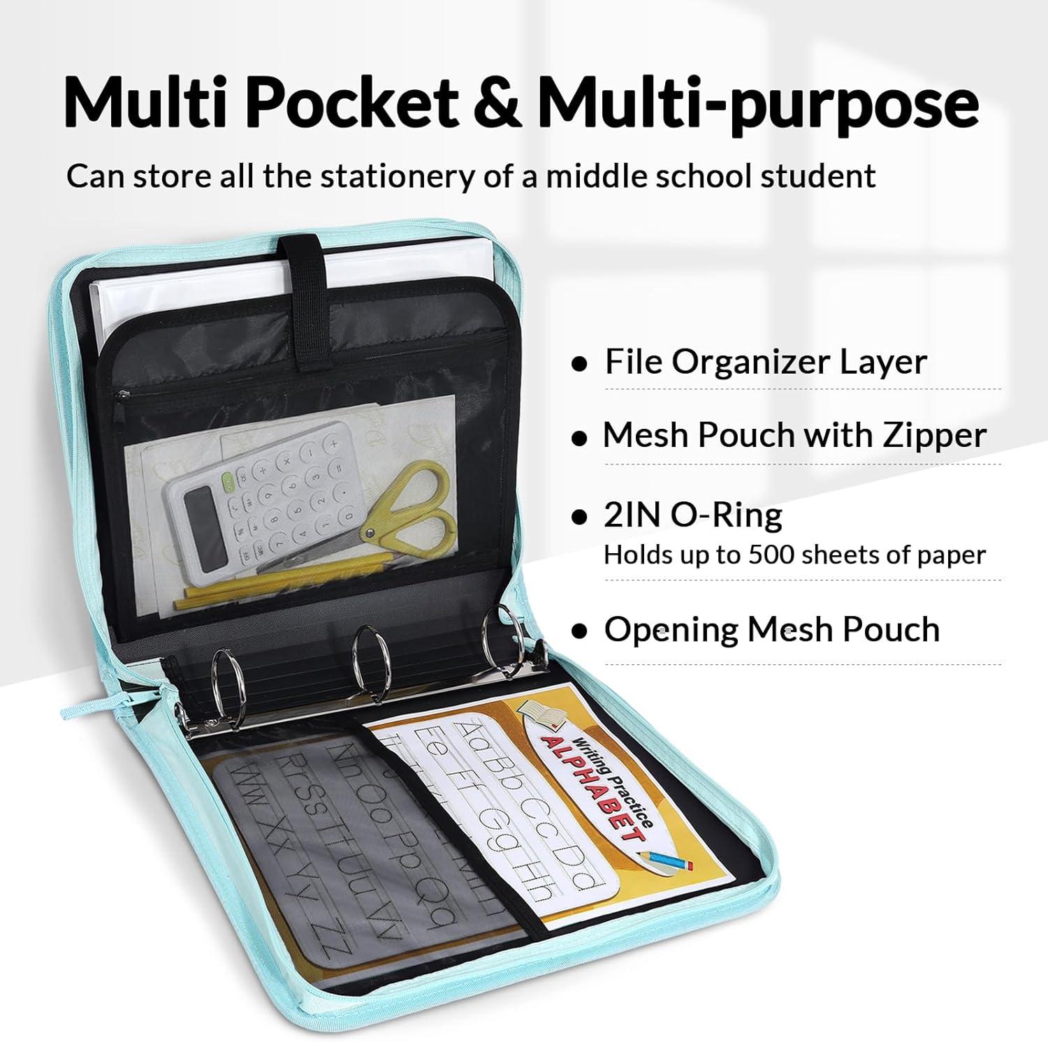 image:imageSUNEE Zippered Binder Bag with Handle 2Inch 3Ring ORing 500Sheet Capacity Includes Zip Pocket 5Tab Expanding File Folder MultiPocket Organizer Binder for Middle School Sky Blue