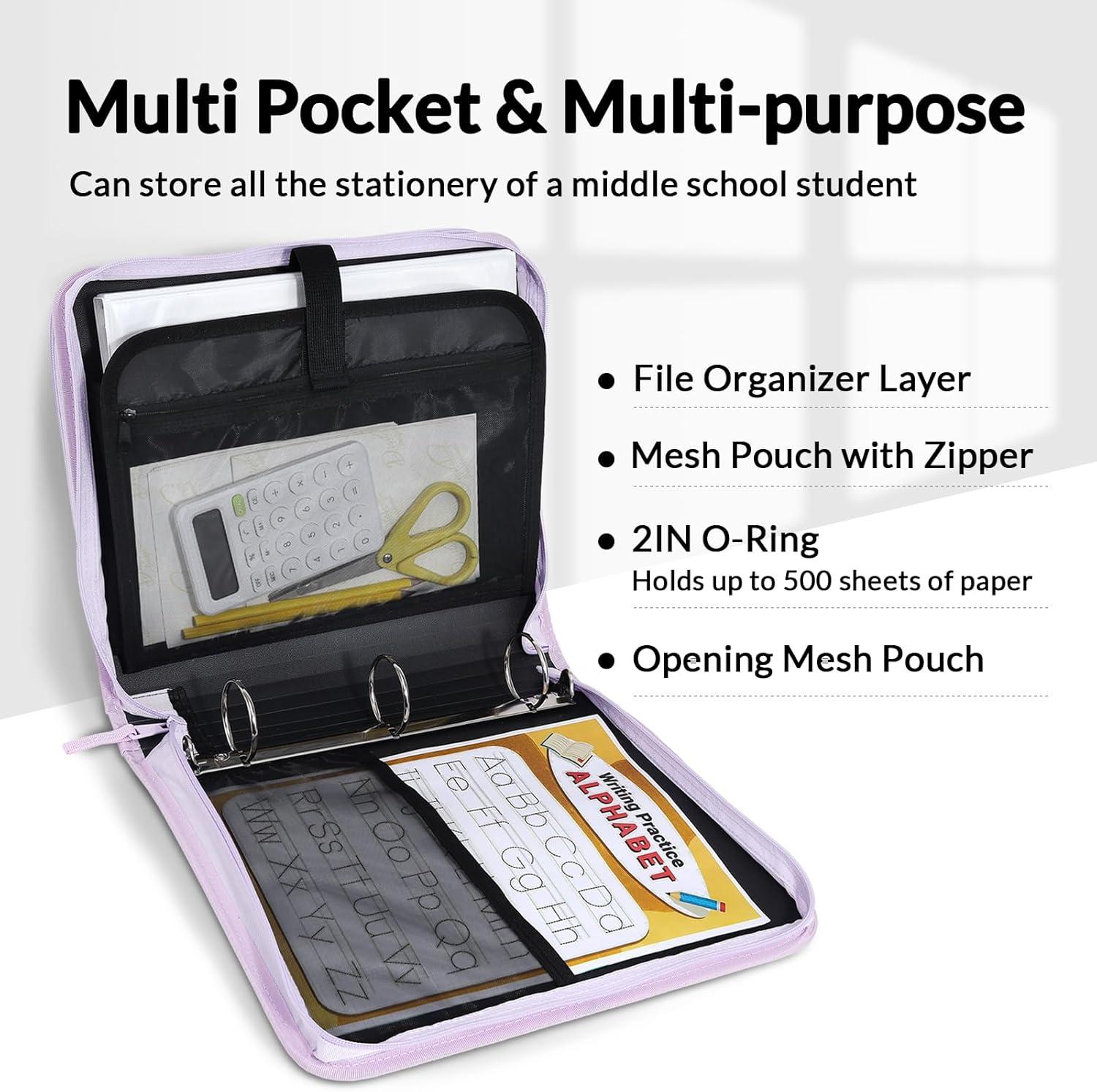 image:imageSUNEE Zippered Binder Bag with Handle 2Inch 3Ring ORing 5Tab Expanding File Folder MultiPocket Organizer Binder for Middle School Lavender Purple