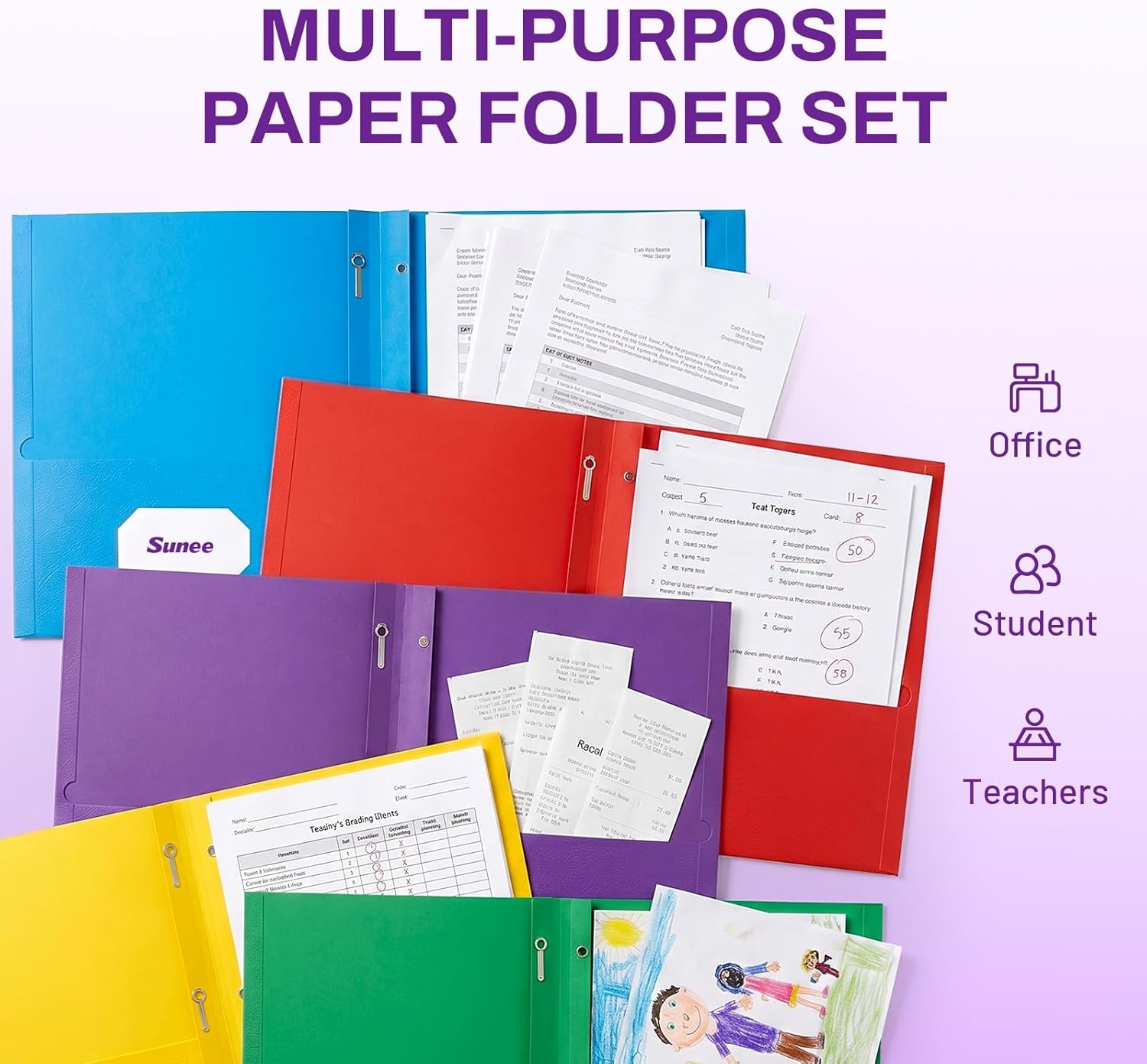 image:imageSUNEE 2 Pocket Folders with Prongs 25 Pack Yellow Paper Folders with 2 Pockets and 3 Prongs Fit Letter Size Paper Folders with Prongs for School Office Home BusinessPurple