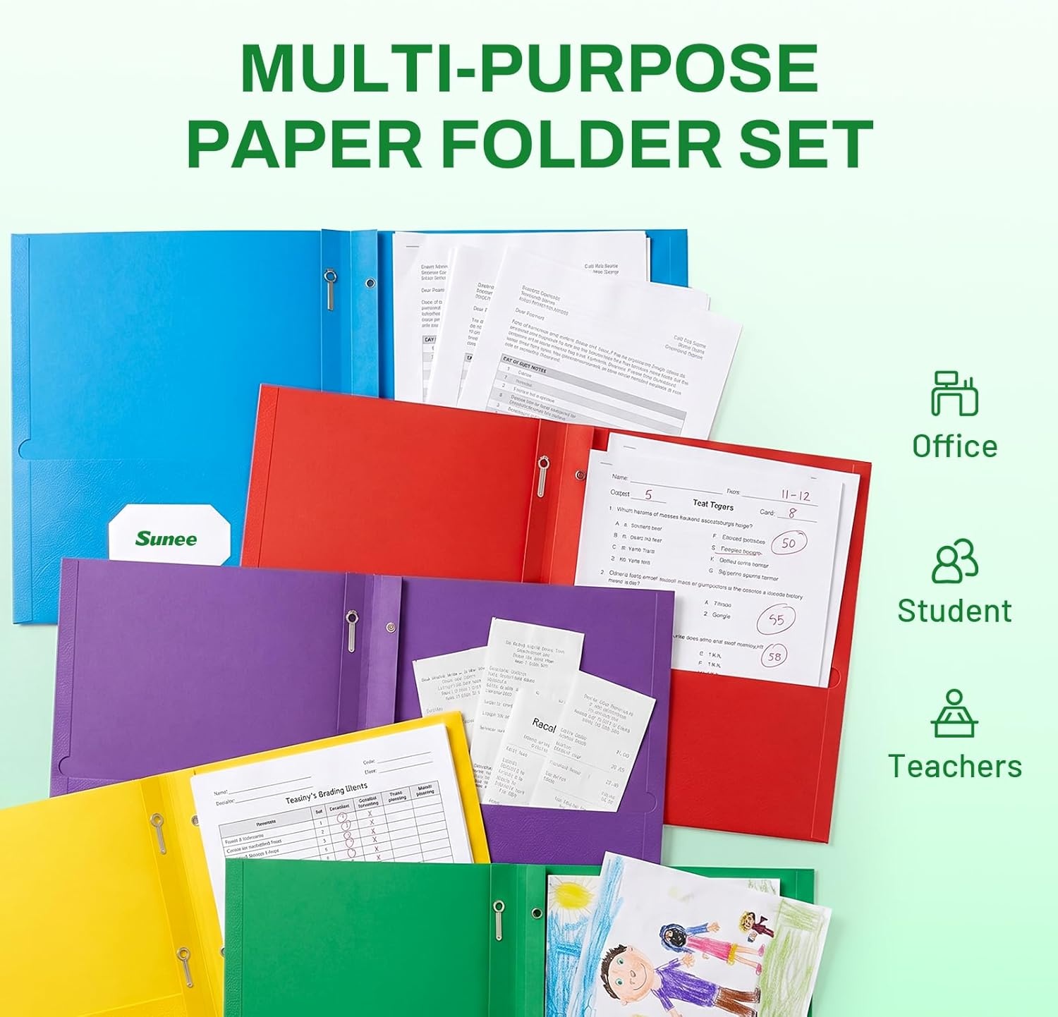 image:imageSUNEE 2 Pocket Folders with Prongs 25 Pack Yellow Paper Folders with 2 Pockets and 3 Prongs Fit Letter Size Paper Folders with Prongs for School Office Home BusinessGreen