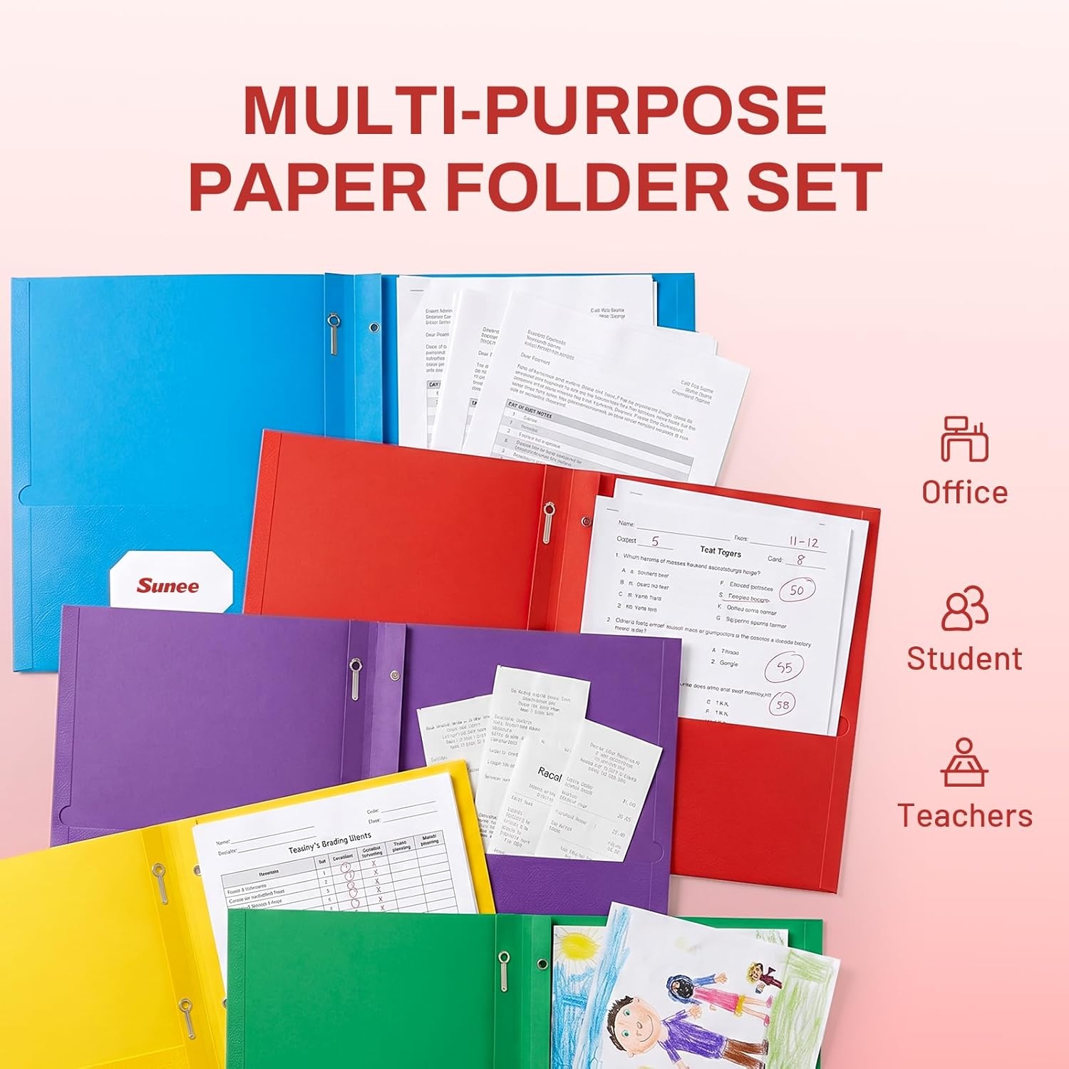 image:imageSUNEE 2 Pocket Folders with Prongs 25 Pack Yellow Paper Folders with 2 Pockets and 3 Prongs Fit Letter Size Paper Folders with Prongs for School Office Home BusinessRed