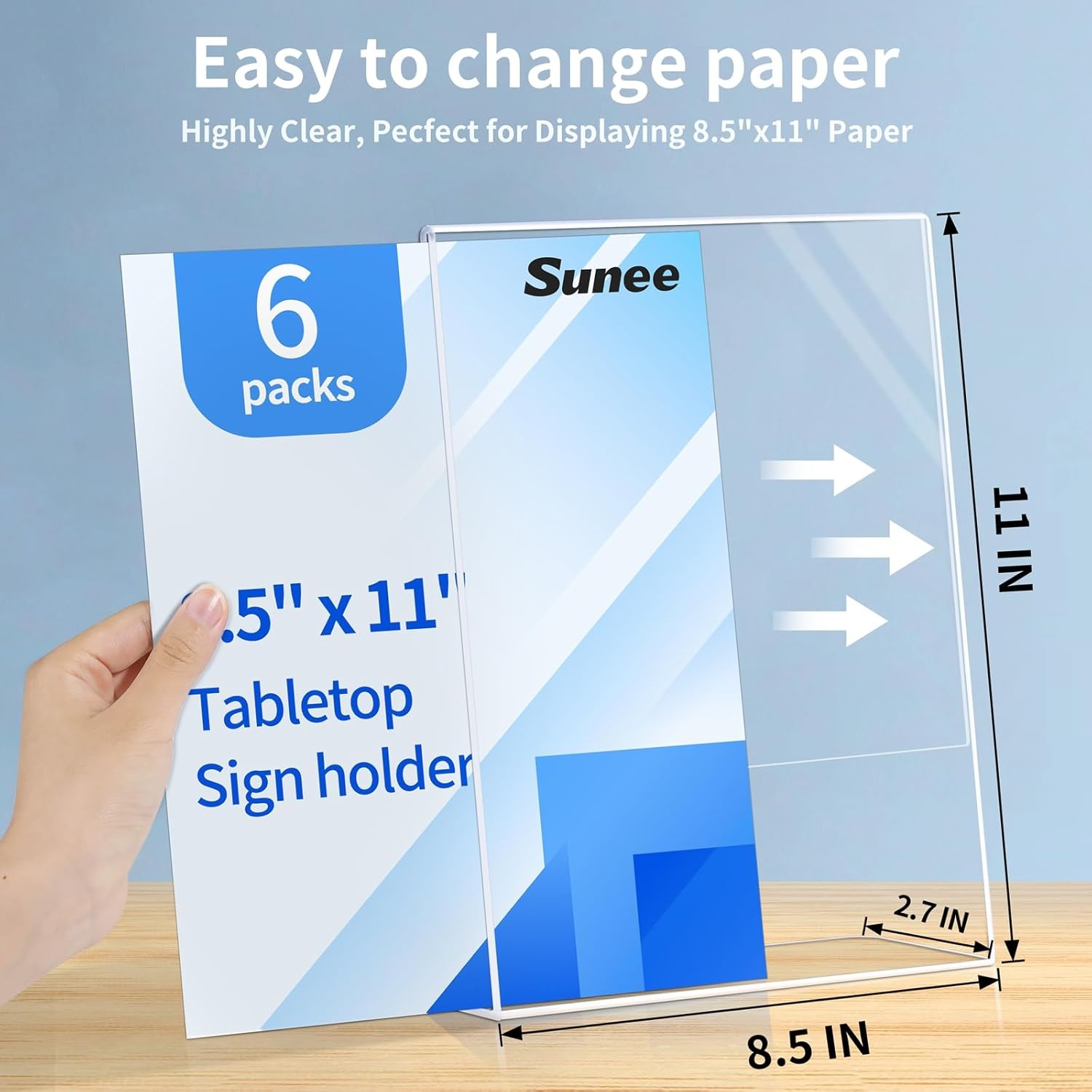 image:imageSUNEE 6 Pack Acrylic Sign Holder 85x11 Clear Plastic Paper Stand for Flyers and Menus Vertical LShape Display Frame for Restaurant Office Stores Tabletop
