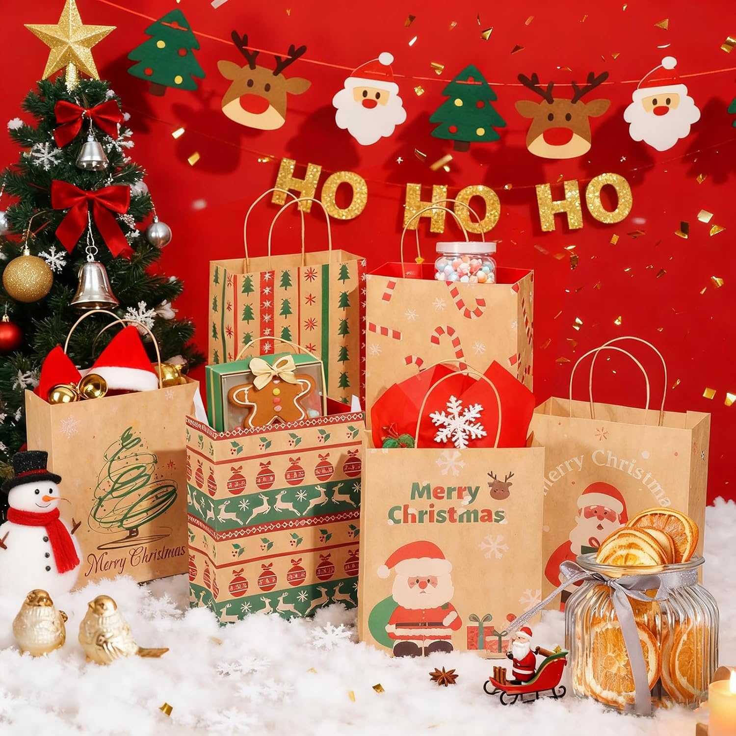 image:imageSUNEE Christmas Gift Bags 24 Pack Christmas Bags for Gifts with Handles 6 Assorted Kraft Paper Gift Bags Bulk with Xmas Tree Santa Claus Candy Designs 72831587 Goodie Bags for Kids Small Size