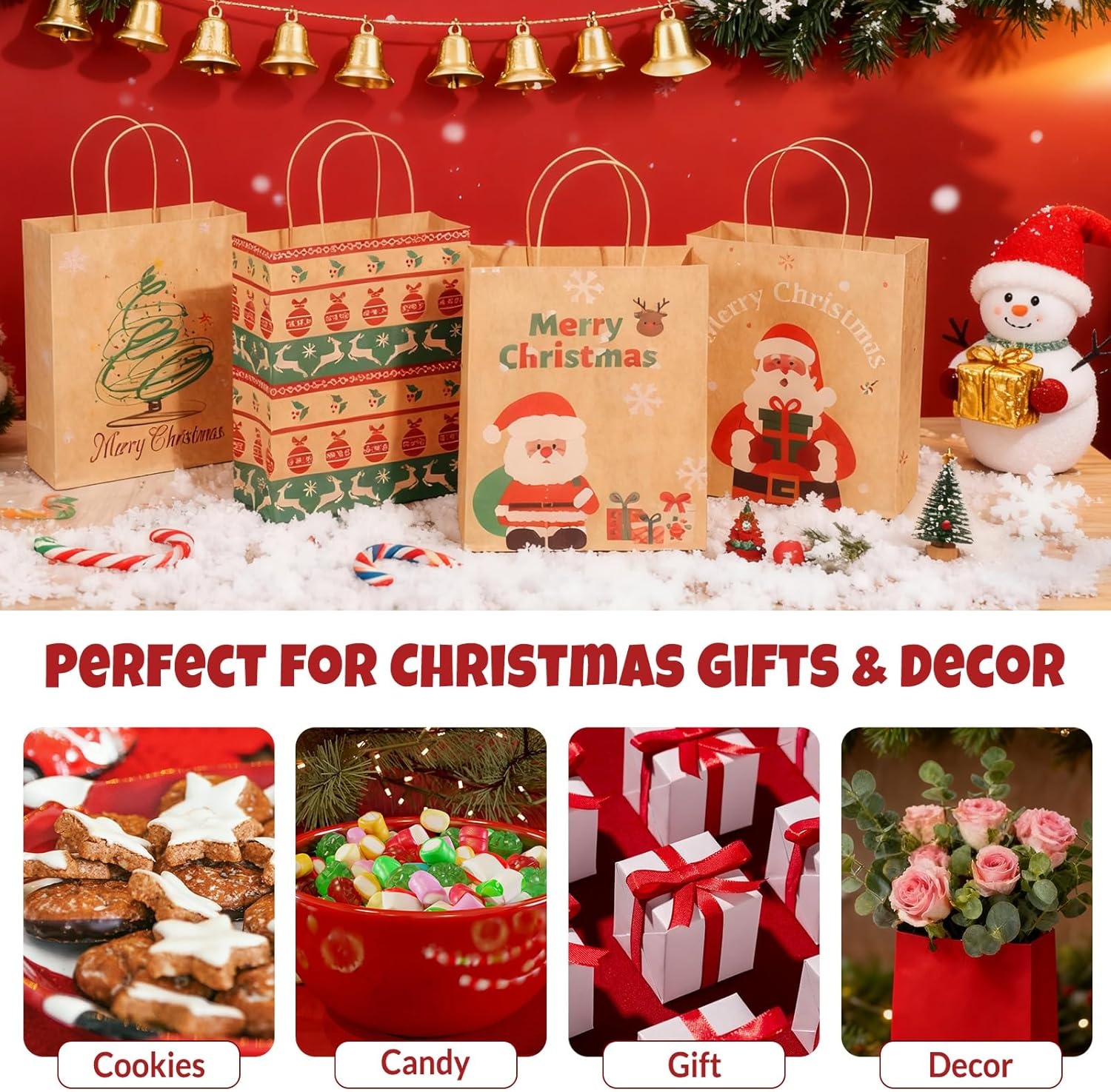 image:imageSUNEE Christmas Gift Bags 24 Pack Christmas Bags for Gifts with Handles 6 Assorted Kraft Paper Gift Bags Bulk with Xmas Tree Santa Claus Candy Designs 72831587 Goodie Bags for Kids Small Size