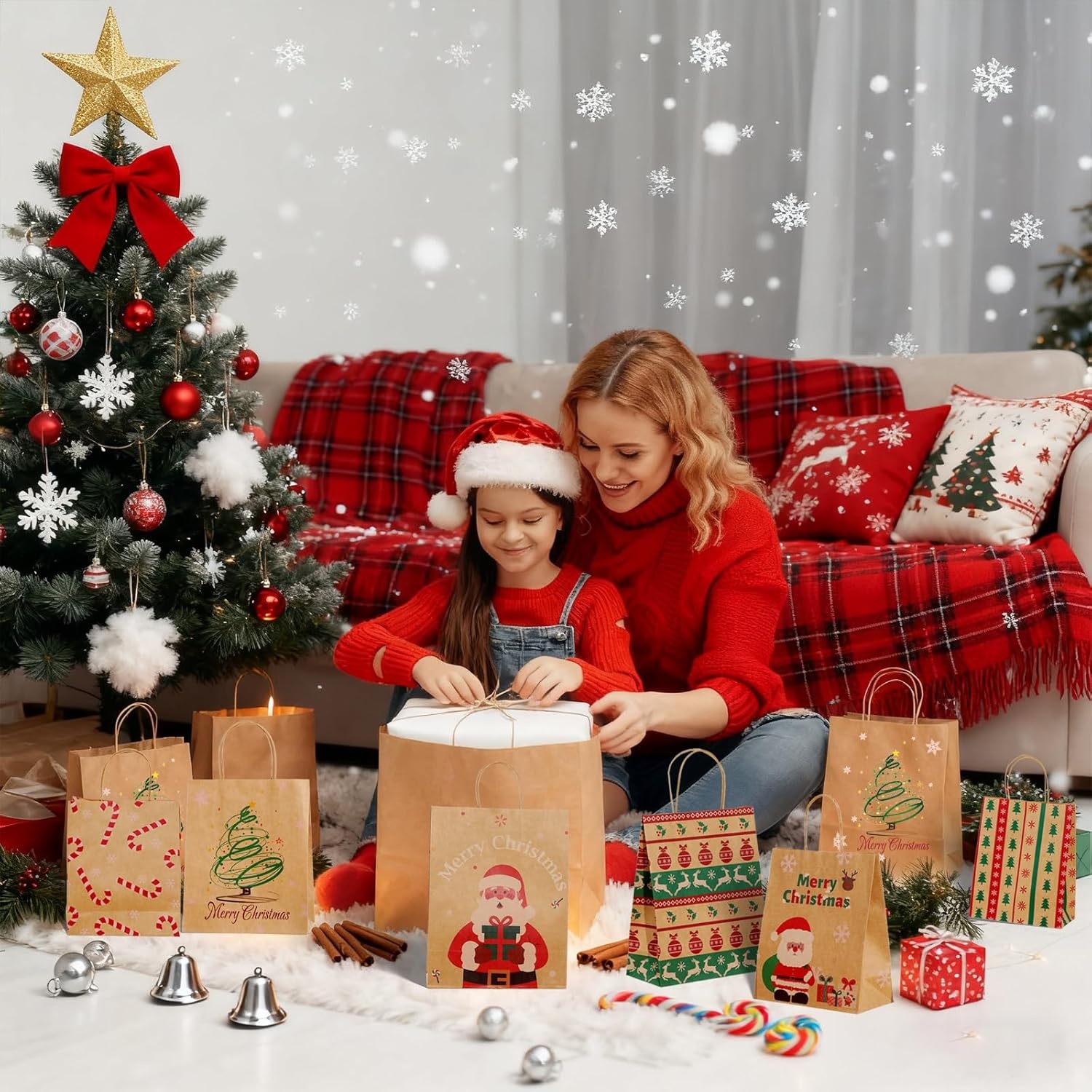 image:imageSUNEE Christmas Gift Bags 24 Pack Christmas Bags for Gifts with Handles 6 Assorted Kraft Paper Gift Bags Bulk with Xmas Tree Santa Claus Candy Designs 72831587 Goodie Bags for Kids Small Size