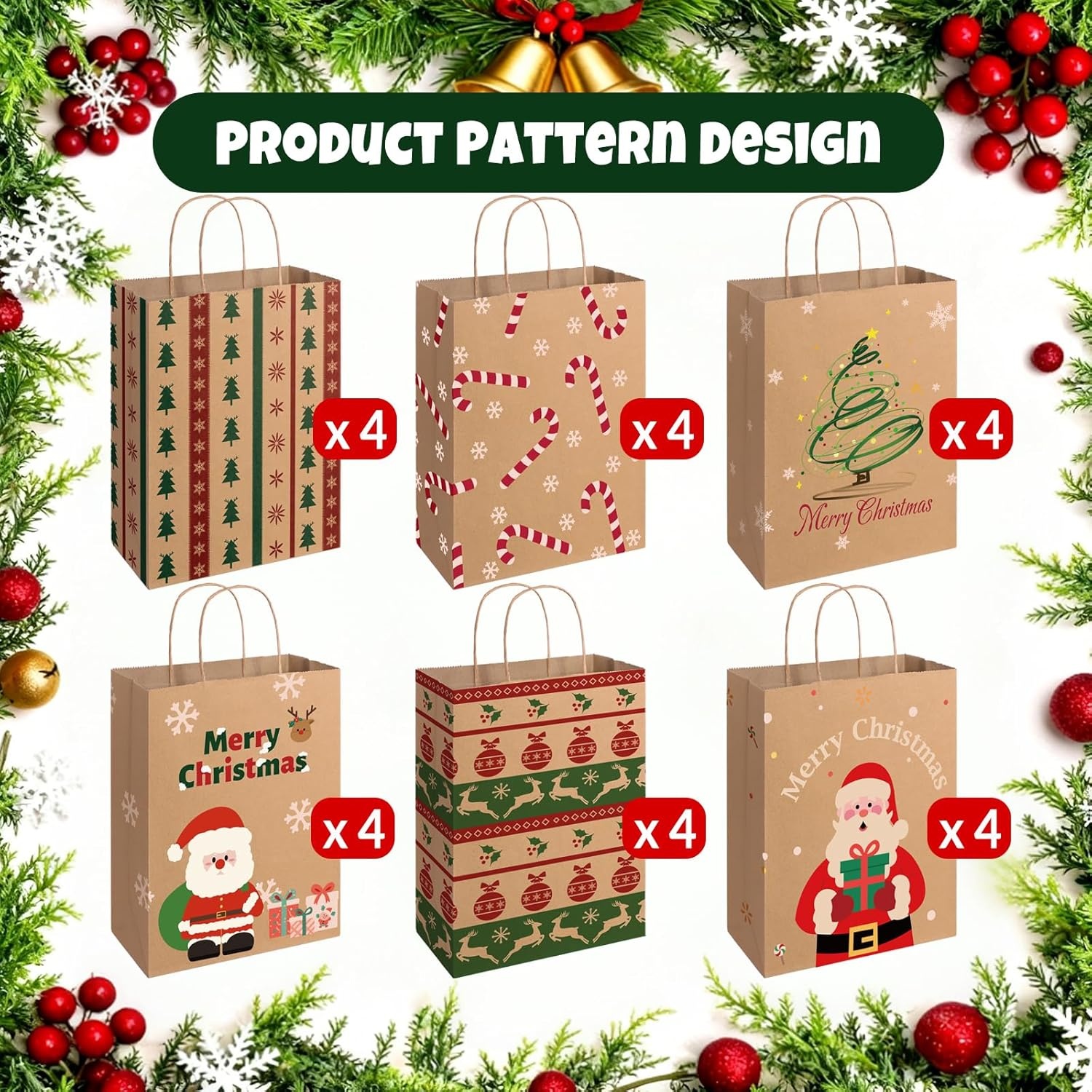 image:imageSUNEE Christmas Gift Bags 24 Pack Christmas Bags for Gifts with Handles 6 Assorted Kraft Paper Gift Bags Bulk with Xmas Tree Santa Claus Candy Designs 72831587 Goodie Bags for Kids Small Size