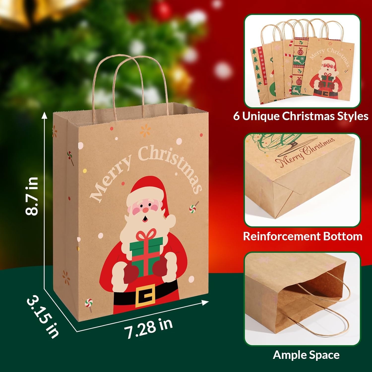 image:imageSUNEE Christmas Gift Bags 24 Pack Christmas Bags for Gifts with Handles 6 Assorted Kraft Paper Gift Bags Bulk with Xmas Tree Santa Claus Candy Designs 72831587 Goodie Bags for Kids Small Size