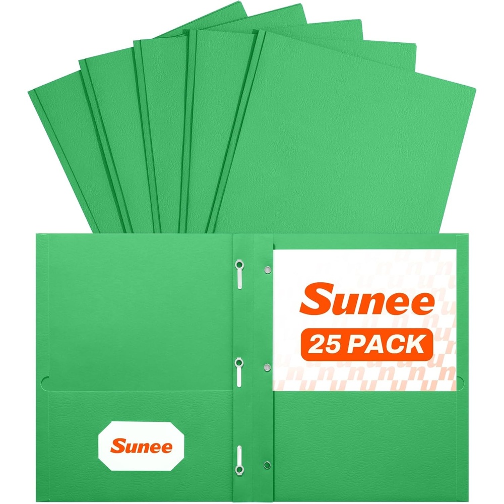 image:imageSUNEE 2 Pocket Folders with Prongs 25 Pack Yellow Paper Folders with 2 Pockets and 3 Prongs Fit Letter Size Paper Folders with Prongs for School Office Home BusinessGreen