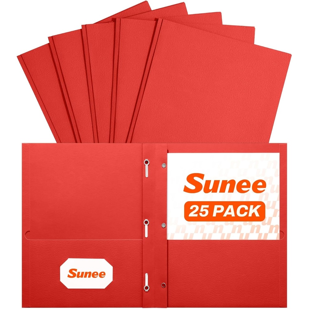 image:imageSUNEE 2 Pocket Folders with Prongs 25 Pack Yellow Paper Folders with 2 Pockets and 3 Prongs Fit Letter Size Paper Folders with Prongs for School Office Home BusinessRed