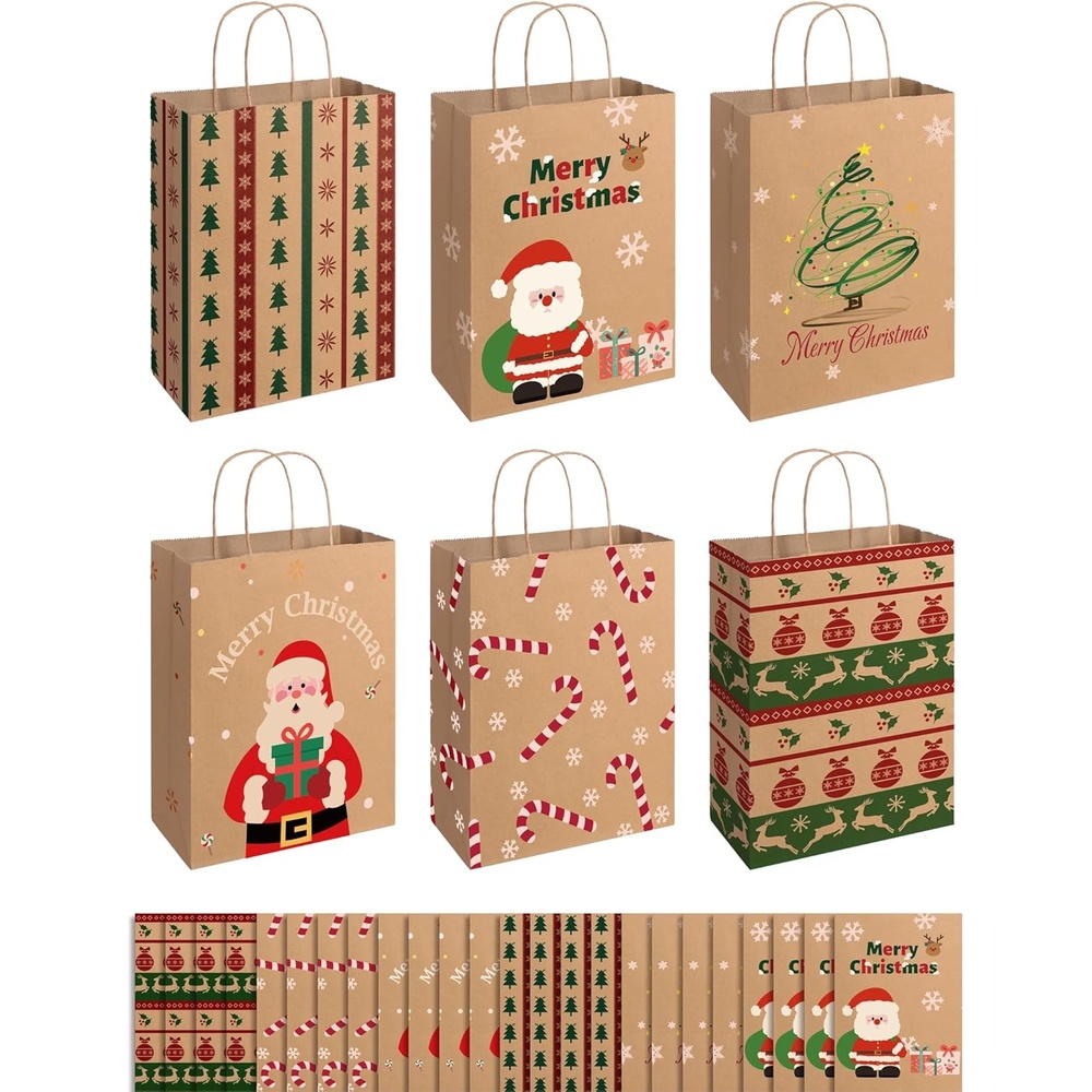 image:imageSUNEE Christmas Gift Bags 24 Pack Christmas Bags for Gifts with Handles 6 Assorted Kraft Paper Gift Bags Bulk with Xmas Tree Santa Claus Candy Designs 72831587 Goodie Bags for Kids Small Size