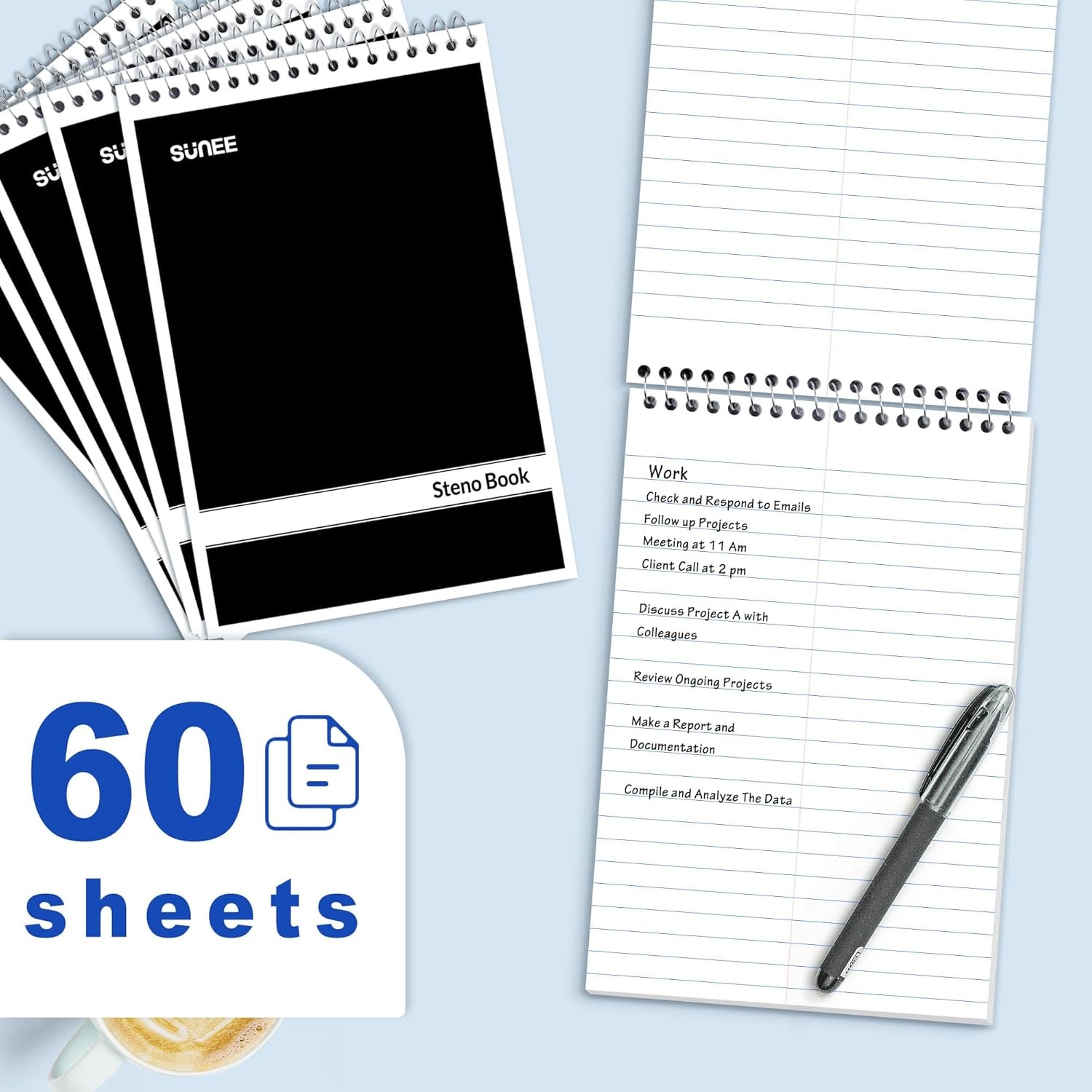 image:imageSUNEE 12 Pack Steno Pads 6x9 Gregg Rule 60 Sheets Spiral Notebook 6x9 White Paper Take Notes with Top Spiral Notebook for School University College Work Office Black12 PackBlack