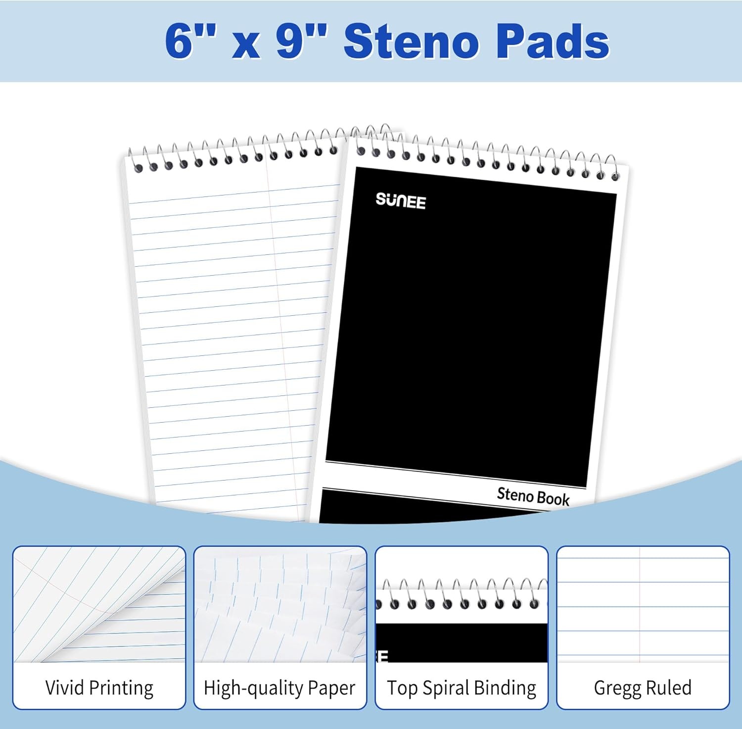 image:imageSUNEE 12 Pack Steno Pads 6x9 Gregg Rule 60 Sheets Spiral Notebook 6x9 White Paper Take Notes with Top Spiral Notebook for School University College Work Office Black12 PackBlack