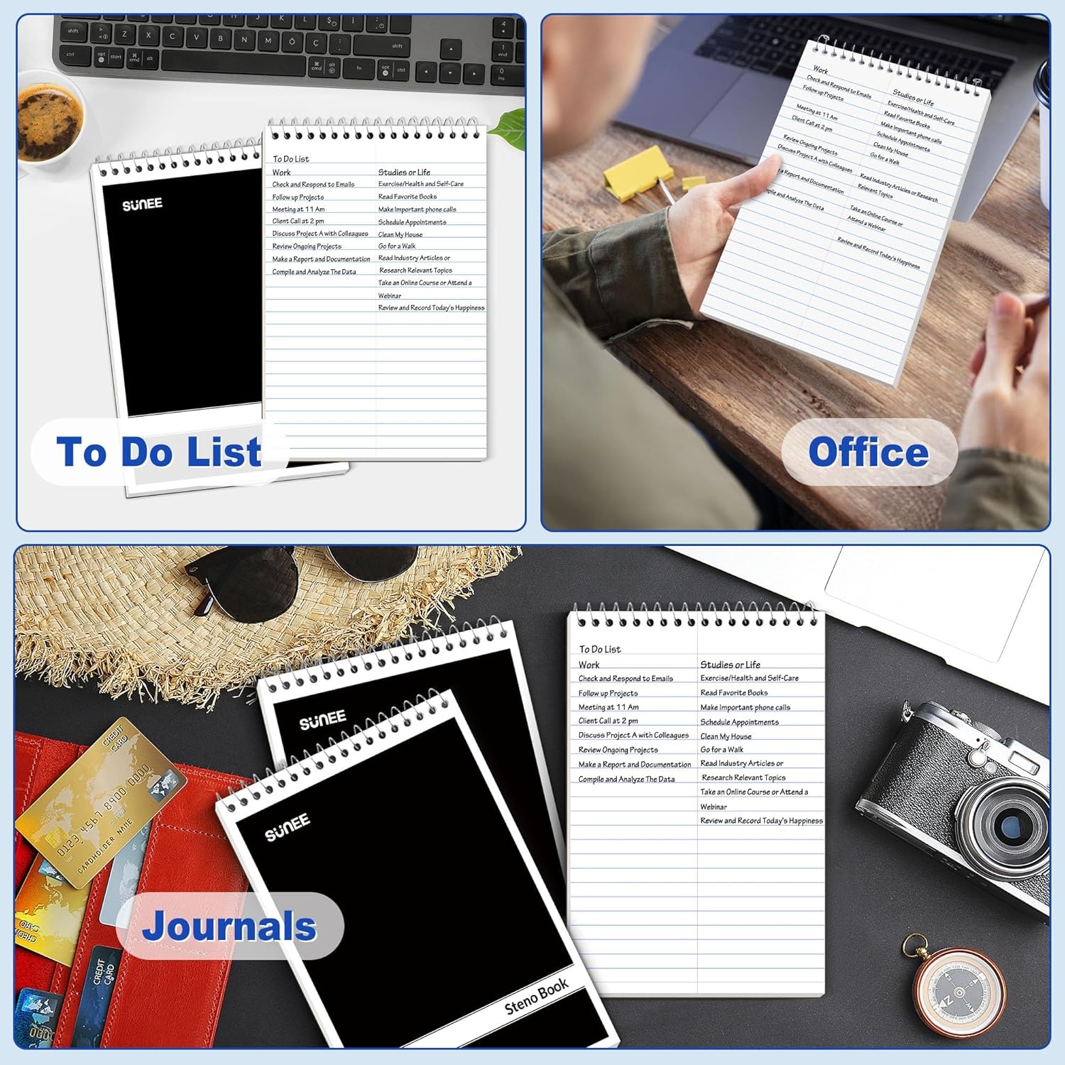 image:imageSUNEE 12 Pack Steno Pads 6x9 Gregg Rule 60 Sheets Spiral Notebook 6x9 White Paper Take Notes with Top Spiral Notebook for School University College Work Office Black12 PackBlack