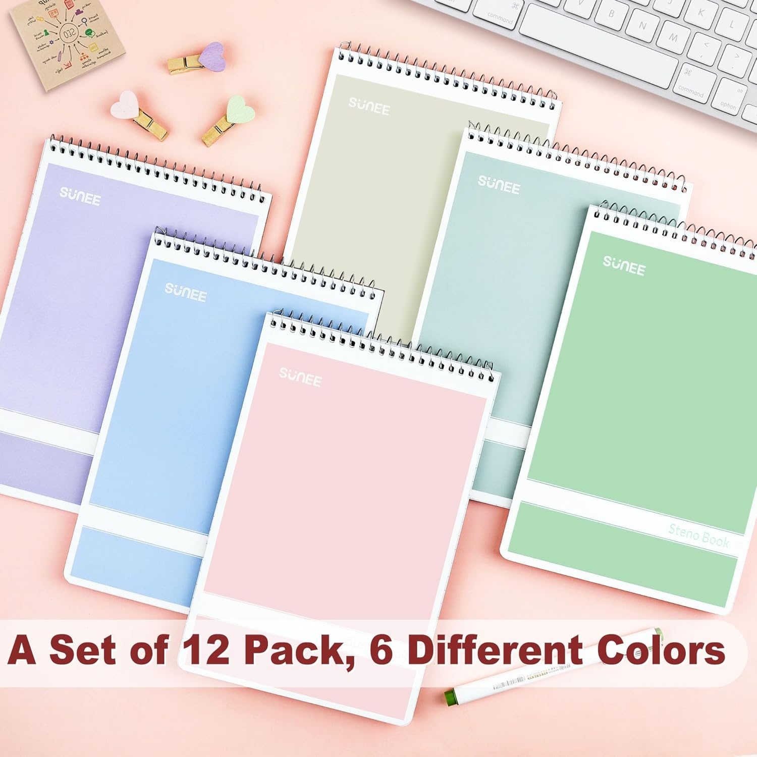image:imageSUNEE 12 Pack Steno Pads 6x9 Inch Gregg Rule 60 Sheets 6 Assorted Color Top Spiral Notebook White Paper for School University College Work and Office