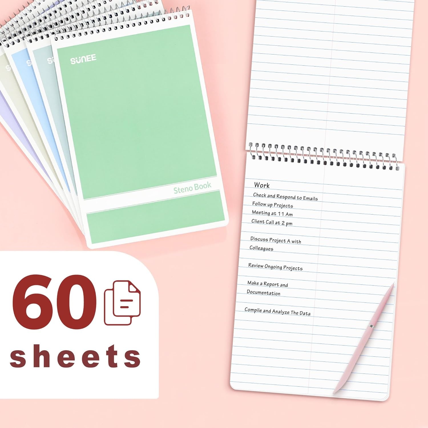 image:imageSUNEE 12 Pack Steno Pads 6x9 Inch Gregg Rule 60 Sheets 6 Assorted Color Top Spiral Notebook White Paper for School University College Work and Office