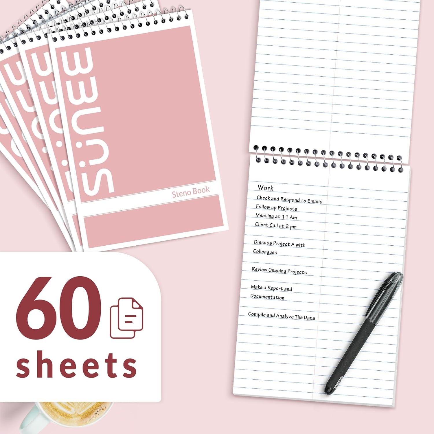 image:imageSUNEE 2 Pack Steno Pads 6x9 Gregg Rule 60 Sheets Spiral Notebook 6x9 White Paper Take Notes with Top Spiral Notebook for School University College Work Office YellowPink