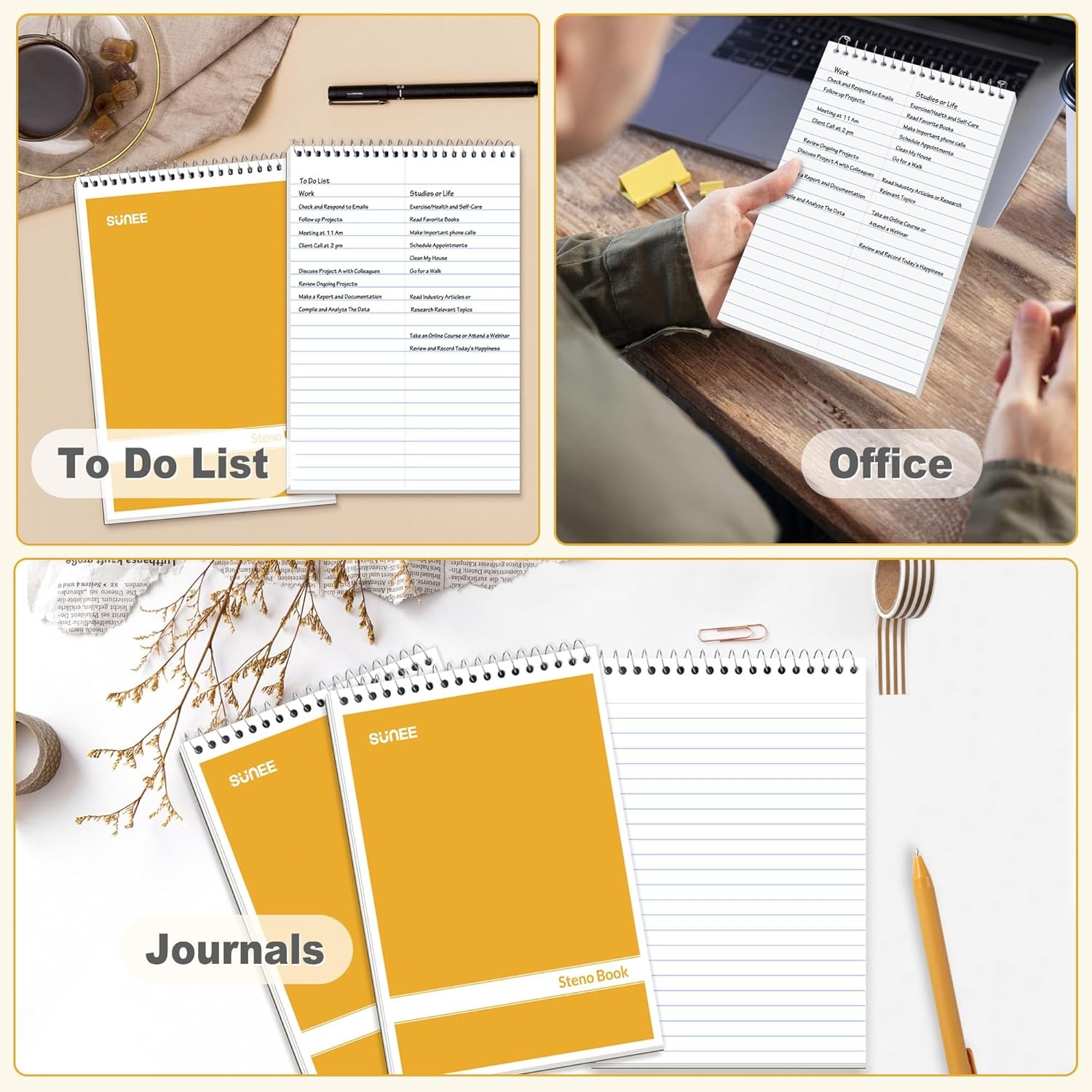 image:imageSUNEE 2 Pack Steno Pads 6x9 Gregg Rule 60 Sheets Spiral Notebook 6x9 White Paper Take Notes with Top Spiral Notebook for School University College Work Office YellowYellow