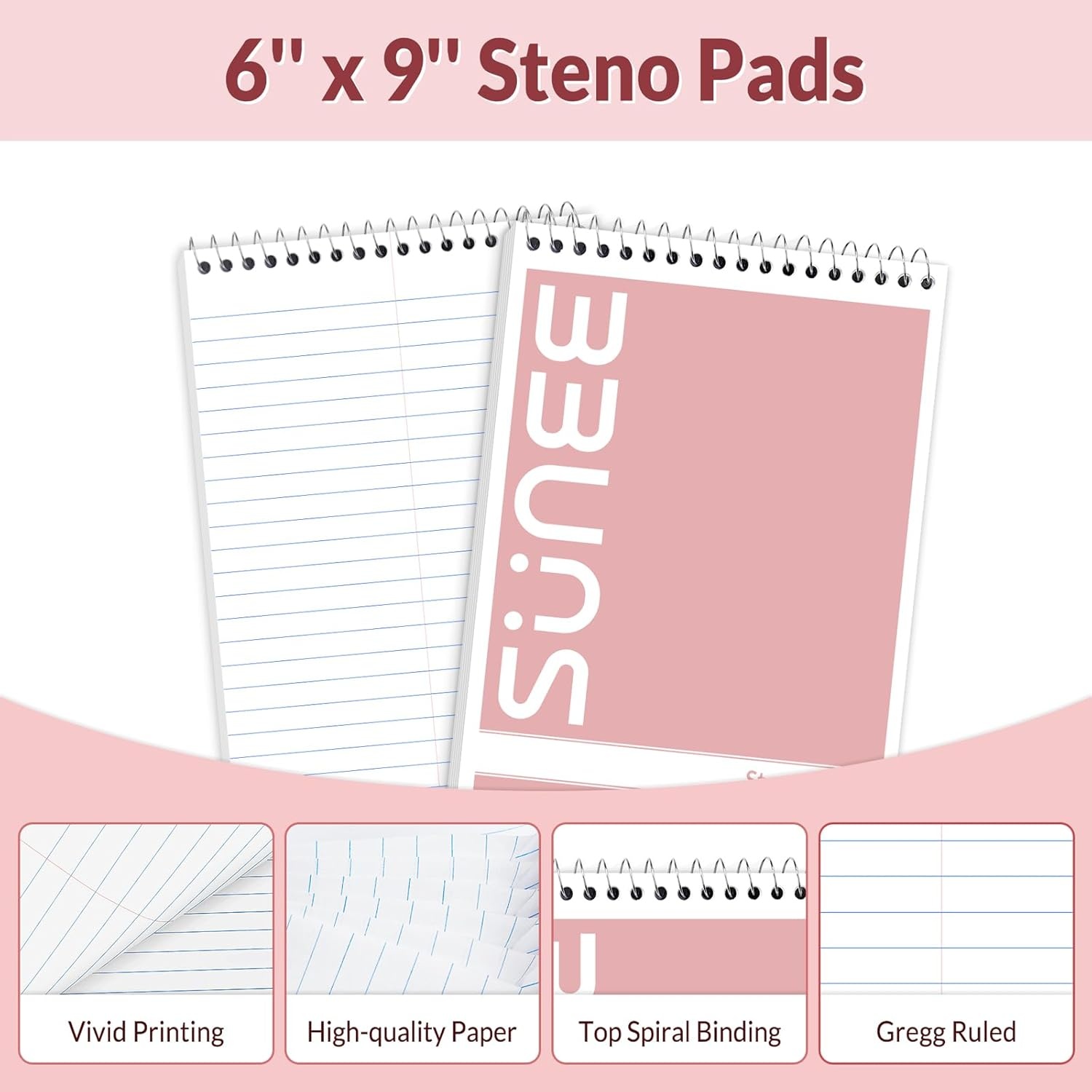 image:imageSUNEE 2 Pack Steno Pads 6x9 Gregg Rule 60 Sheets Spiral Notebook 6x9 White Paper Take Notes with Top Spiral Notebook for School University College Work Office YellowPink