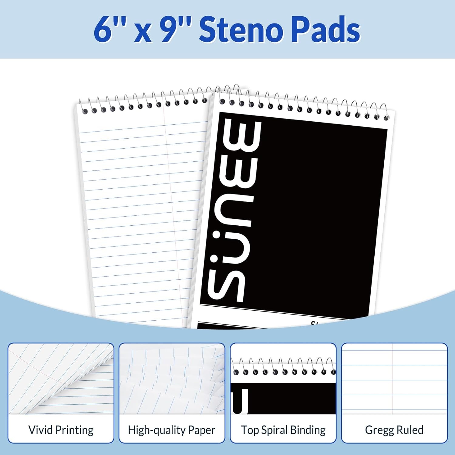 image:imageSUNEE 2 Pack Steno Pads 6x9 Gregg Rule 60 Sheets Spiral Notebook 6x9 White Paper Take Notes with Top Spiral Notebook for School University College Work Office YellowBlack