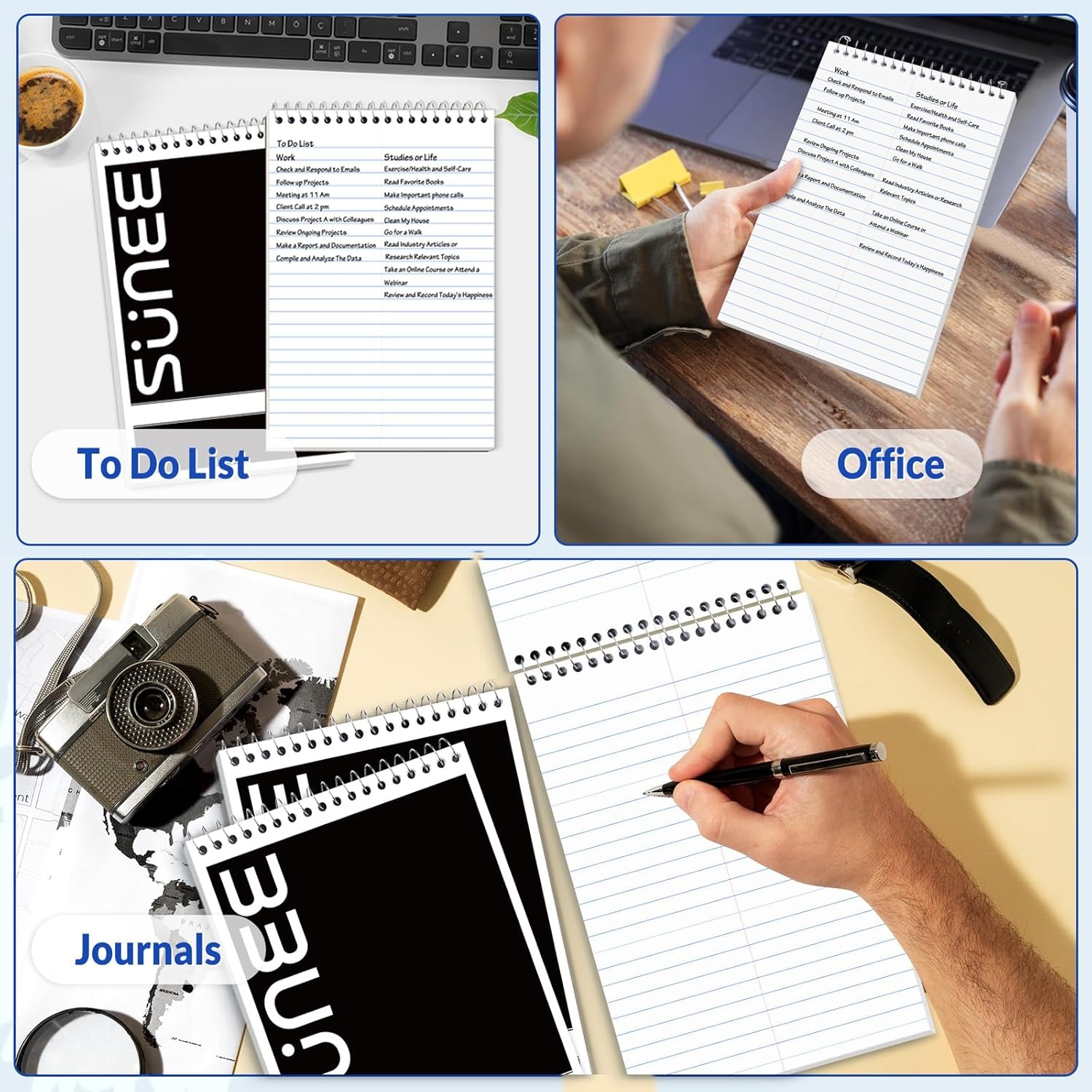 image:imageSUNEE 2 Pack Steno Pads 6x9 Gregg Rule 60 Sheets Spiral Notebook 6x9 White Paper Take Notes with Top Spiral Notebook for School University College Work Office YellowBlack