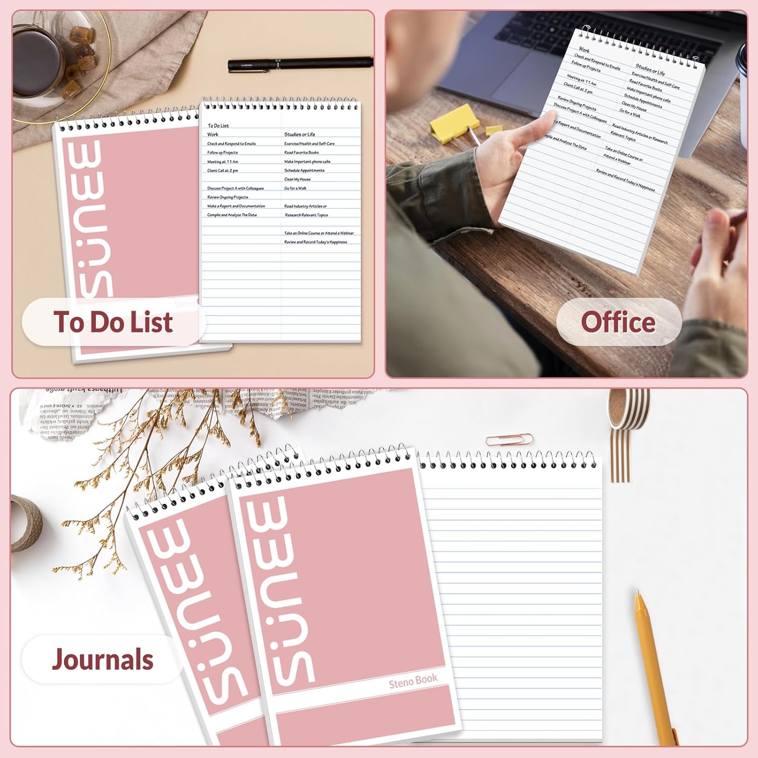 image:imageSUNEE 2 Pack Steno Pads 6x9 Gregg Rule 60 Sheets Spiral Notebook 6x9 White Paper Take Notes with Top Spiral Notebook for School University College Work Office YellowPink