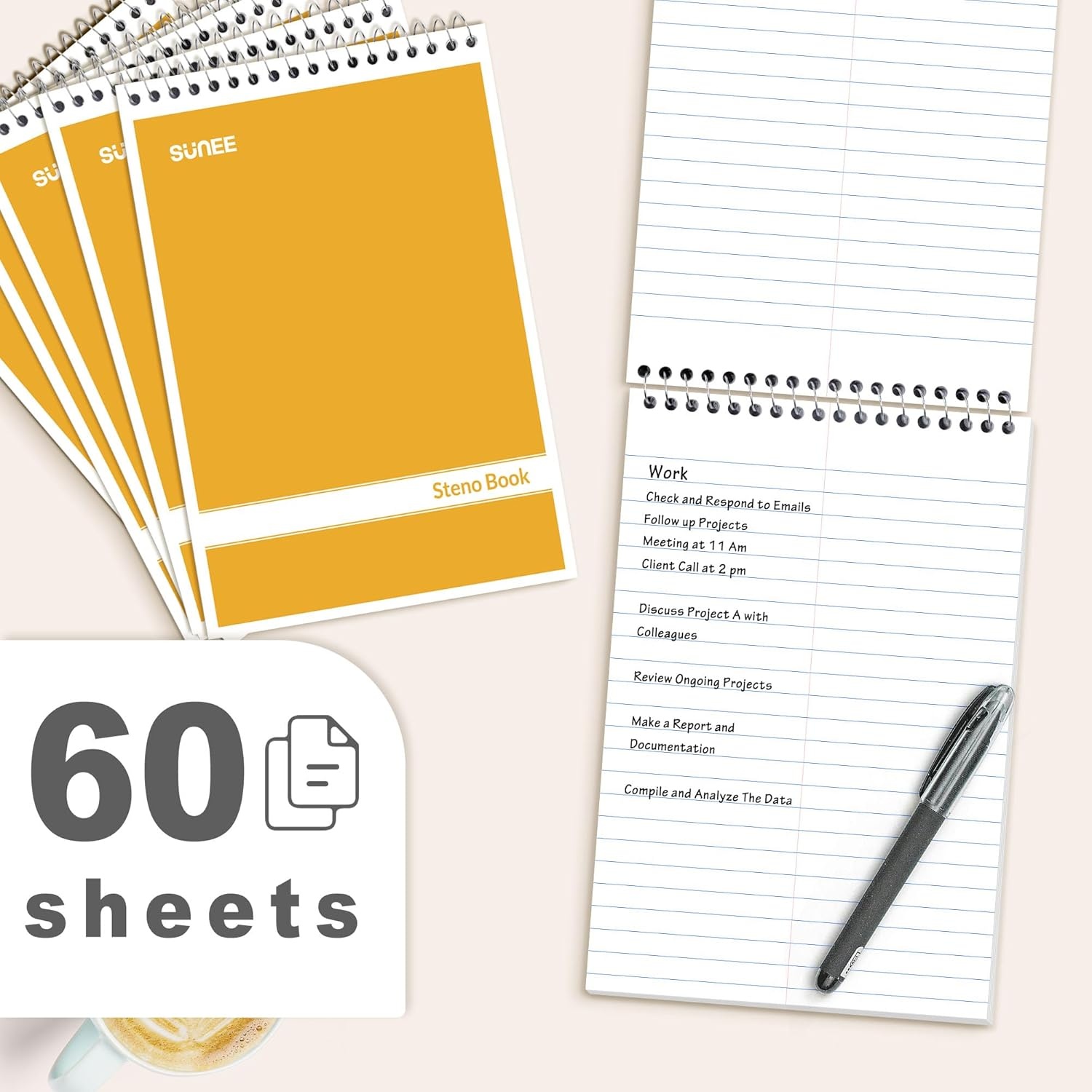 image:imageSUNEE 2 Pack Steno Pads 6x9 Gregg Rule 60 Sheets Spiral Notebook 6x9 White Paper Take Notes with Top Spiral Notebook for School University College Work Office YellowYellow