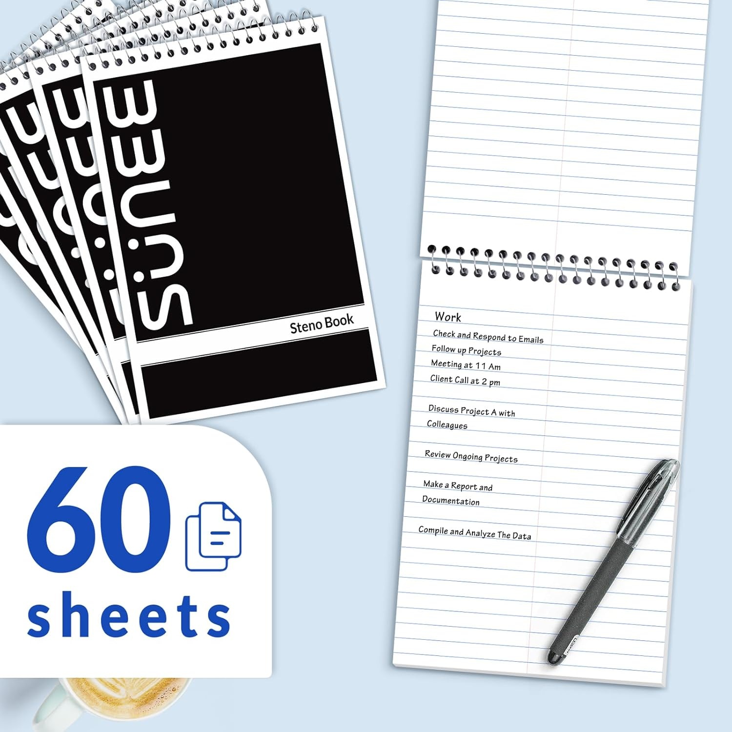 image:imageSUNEE 2 Pack Steno Pads 6x9 Gregg Rule 60 Sheets Spiral Notebook 6x9 White Paper Take Notes with Top Spiral Notebook for School University College Work Office YellowBlack