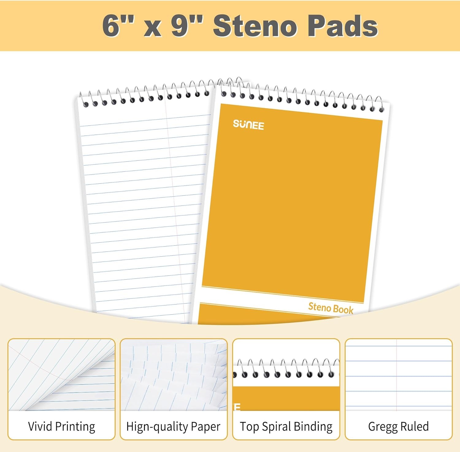 image:imageSUNEE 2 Pack Steno Pads 6x9 Gregg Rule 60 Sheets Spiral Notebook 6x9 White Paper Take Notes with Top Spiral Notebook for School University College Work Office YellowYellow