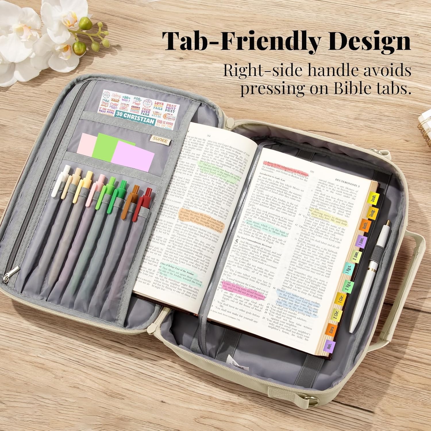 image:imageSUNEE Bible Cover for Women Large Bible Bag wShoulder Strap Carrying Book Case wPen Slots and Zippered Pocket Gift for Women amp Men Sage GreenBeige