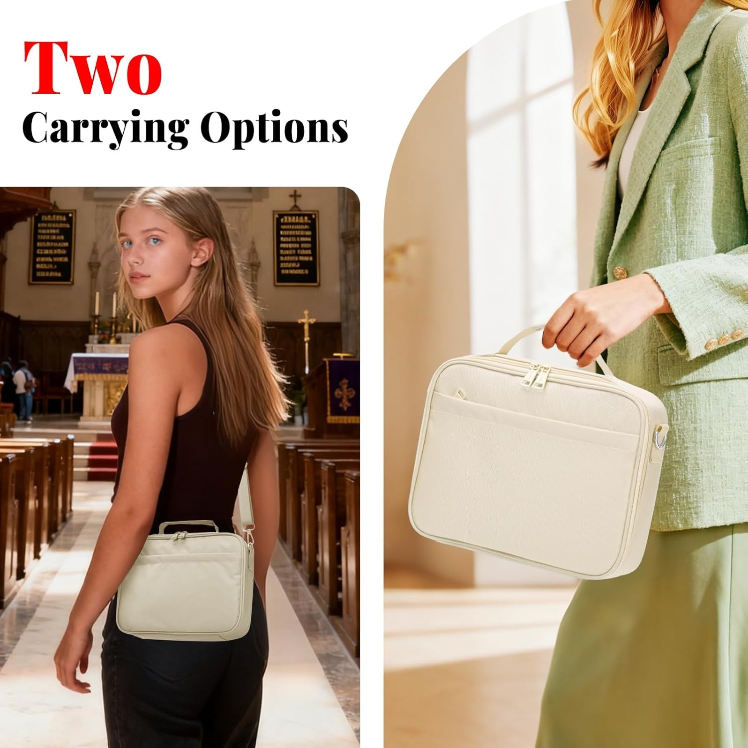 image:imageSUNEE Bible Cover for Women Large Bible Bag wShoulder Strap Carrying Book Case wPen Slots and Zippered Pocket Gift for Women amp Men Sage GreenBeige