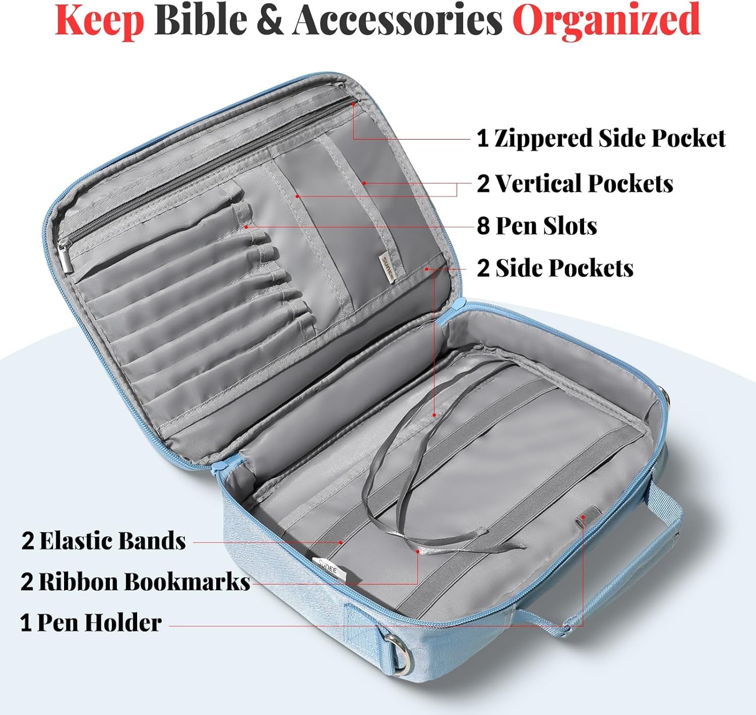 image:imageSUNEE Bible Cover for Women Large Bible Bag wShoulder Strap Carrying Book Case wPen Slots and Zippered Pocket Gift for Women amp Men Sage GreenBlue