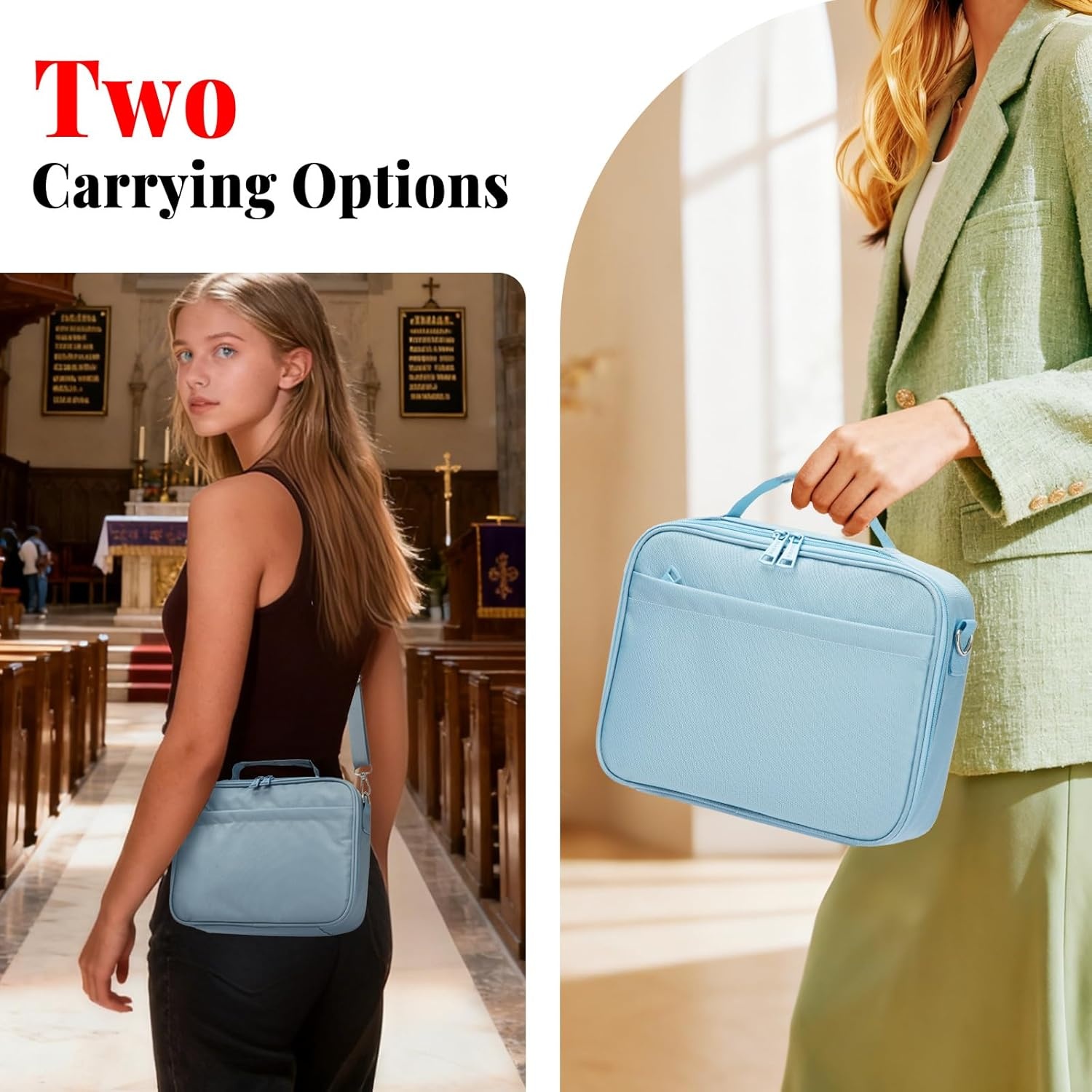 image:imageSUNEE Bible Cover for Women Large Bible Bag wShoulder Strap Carrying Book Case wPen Slots and Zippered Pocket Gift for Women amp Men Sage GreenBlue