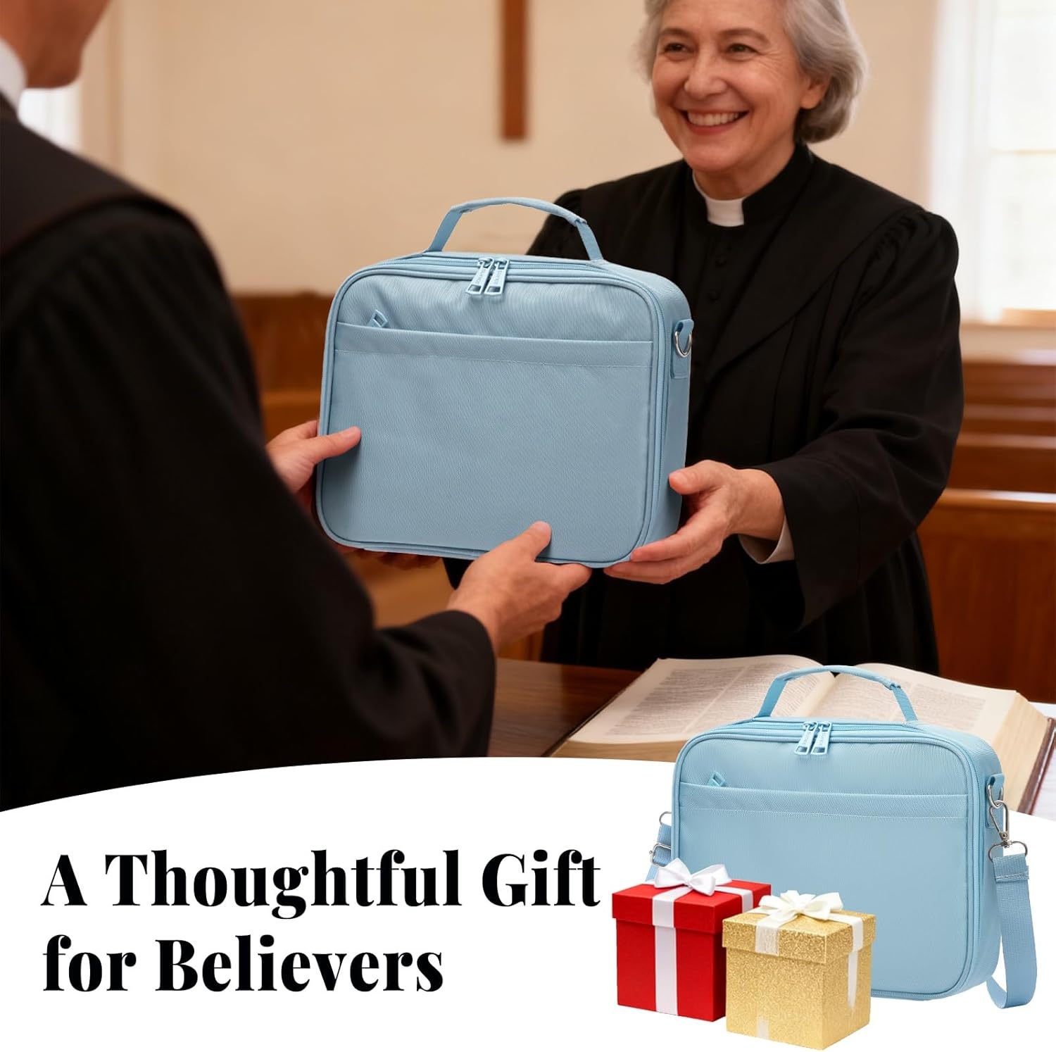 image:imageSUNEE Bible Cover for Women Large Bible Bag wShoulder Strap Carrying Book Case wPen Slots and Zippered Pocket Gift for Women amp Men Sage GreenBlue