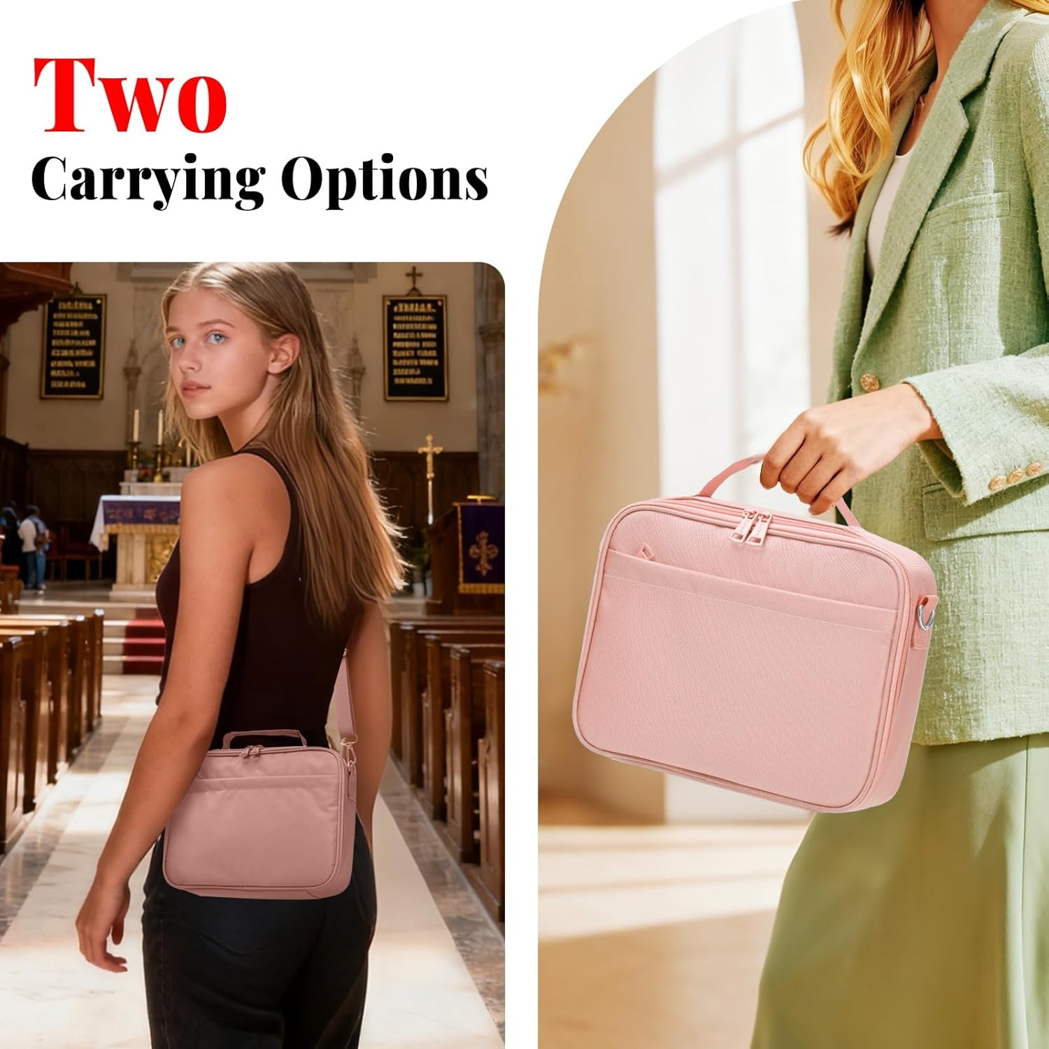 image:imageSUNEE Bible Cover for Women Large Bible Bag wShoulder Strap Carrying Book Case wPen Slots and Zippered Pocket Gift for Women amp Men Sage GreenPink