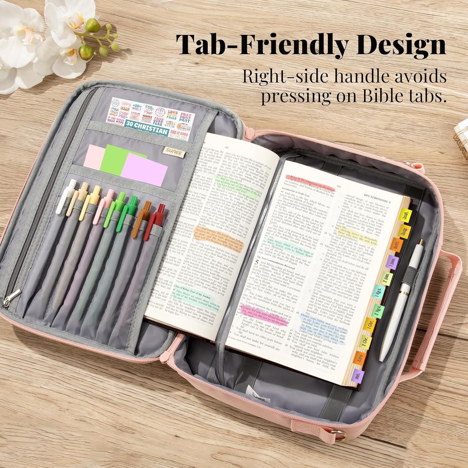 image:imageSUNEE Bible Cover for Women Large Bible Bag wShoulder Strap Carrying Book Case wPen Slots and Zippered Pocket Gift for Women amp Men Sage GreenPink