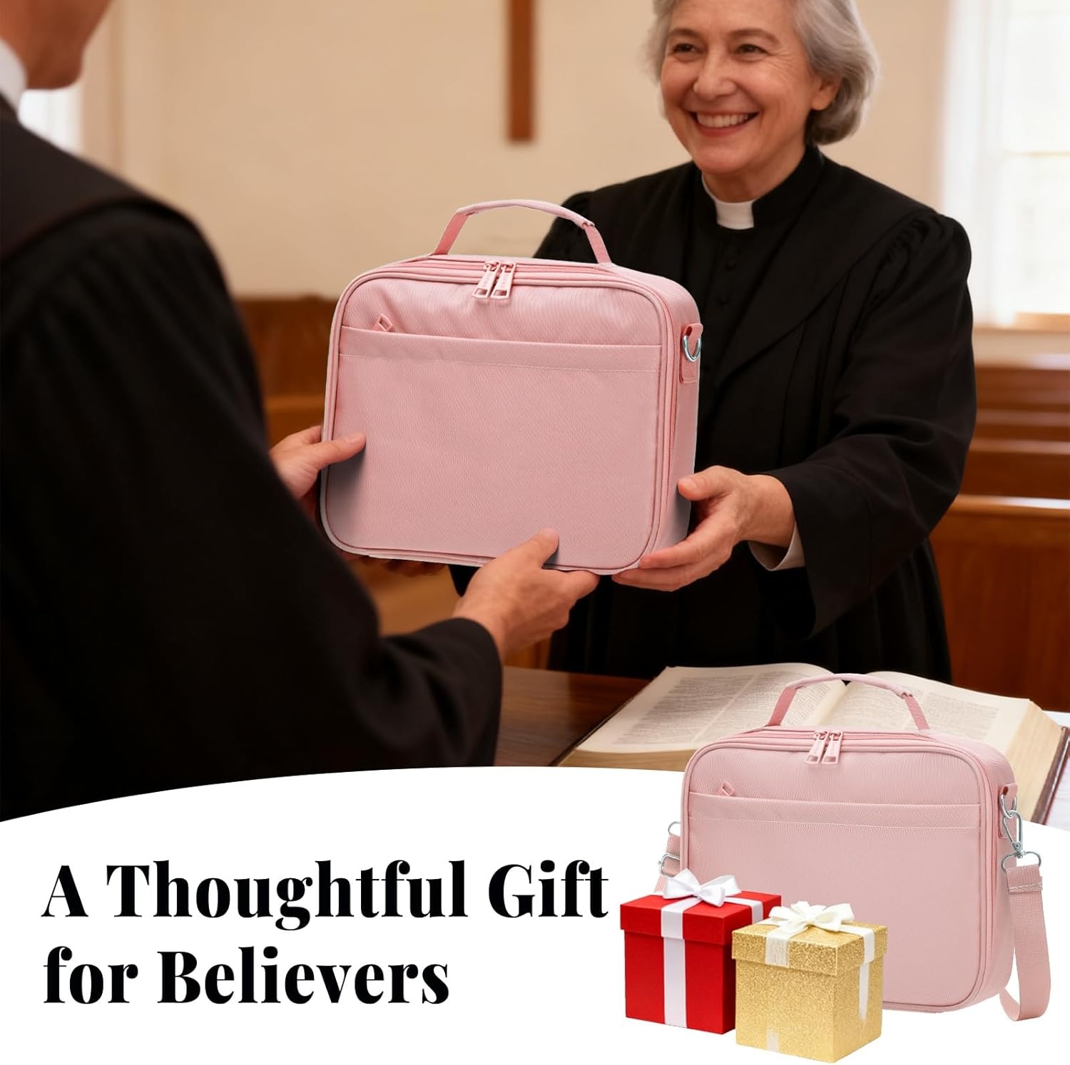 image:imageSUNEE Bible Cover for Women Large Bible Bag wShoulder Strap Carrying Book Case wPen Slots and Zippered Pocket Gift for Women amp Men Sage GreenPink