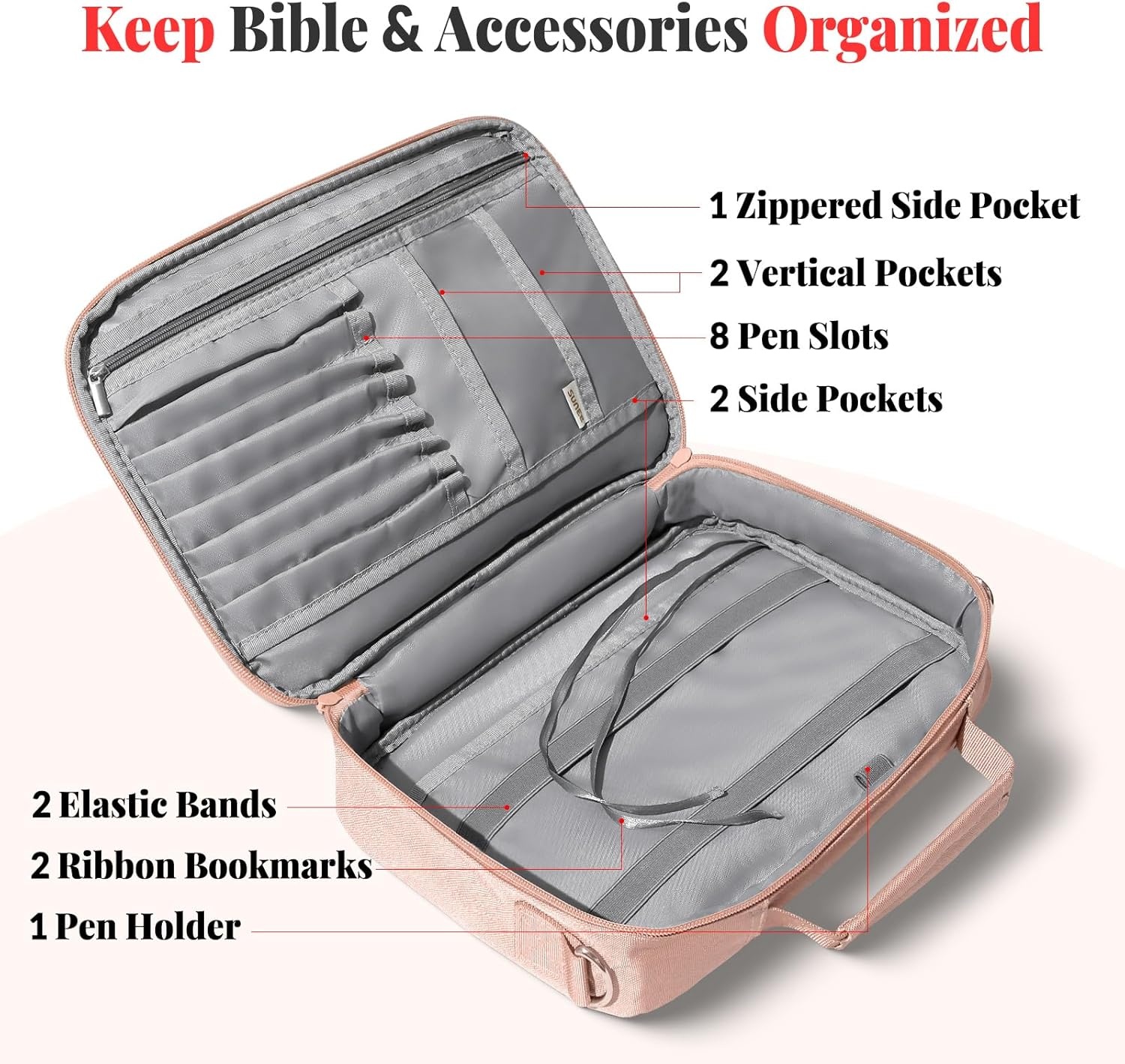 image:imageSUNEE Bible Cover for Women Large Bible Bag wShoulder Strap Carrying Book Case wPen Slots and Zippered Pocket Gift for Women amp Men Sage GreenPink