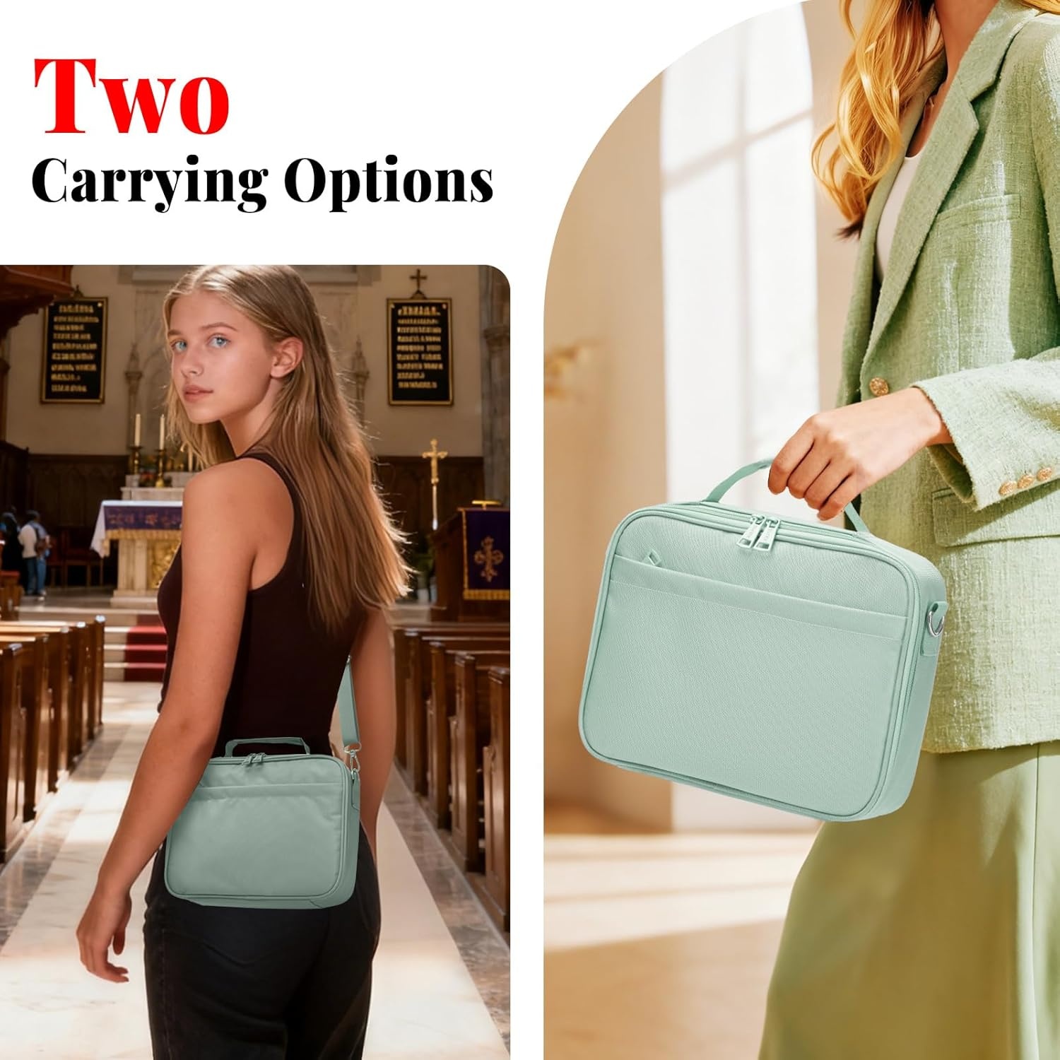 image:imageSUNEE Bible Cover for Women Large Bible Bag wShoulder Strap Carrying Book Case wPen Slots and Zippered Pocket Gift for Women amp Men Sage GreenSage Green