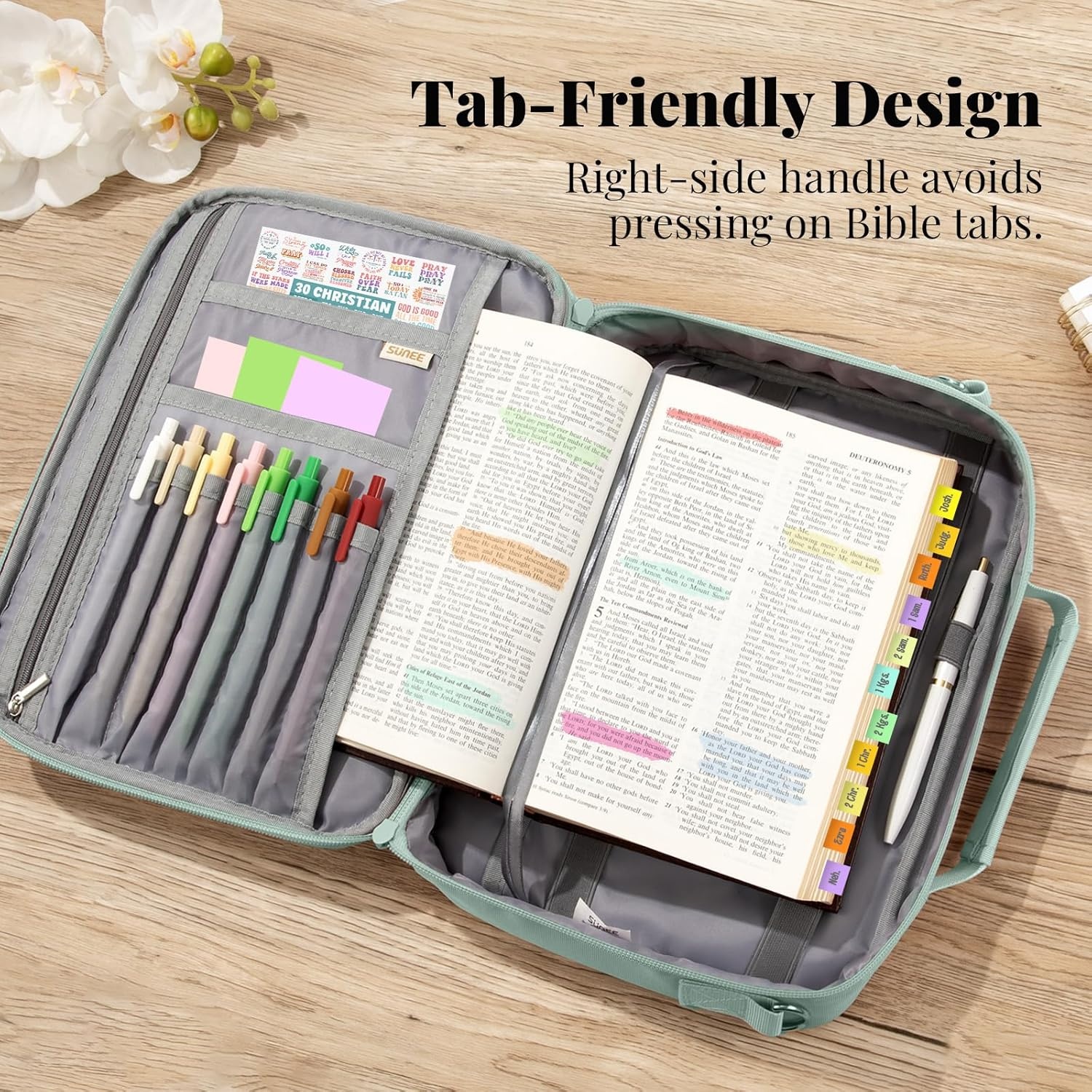 image:imageSUNEE Bible Cover for Women Large Bible Bag wShoulder Strap Carrying Book Case wPen Slots and Zippered Pocket Gift for Women amp Men Sage GreenSage Green