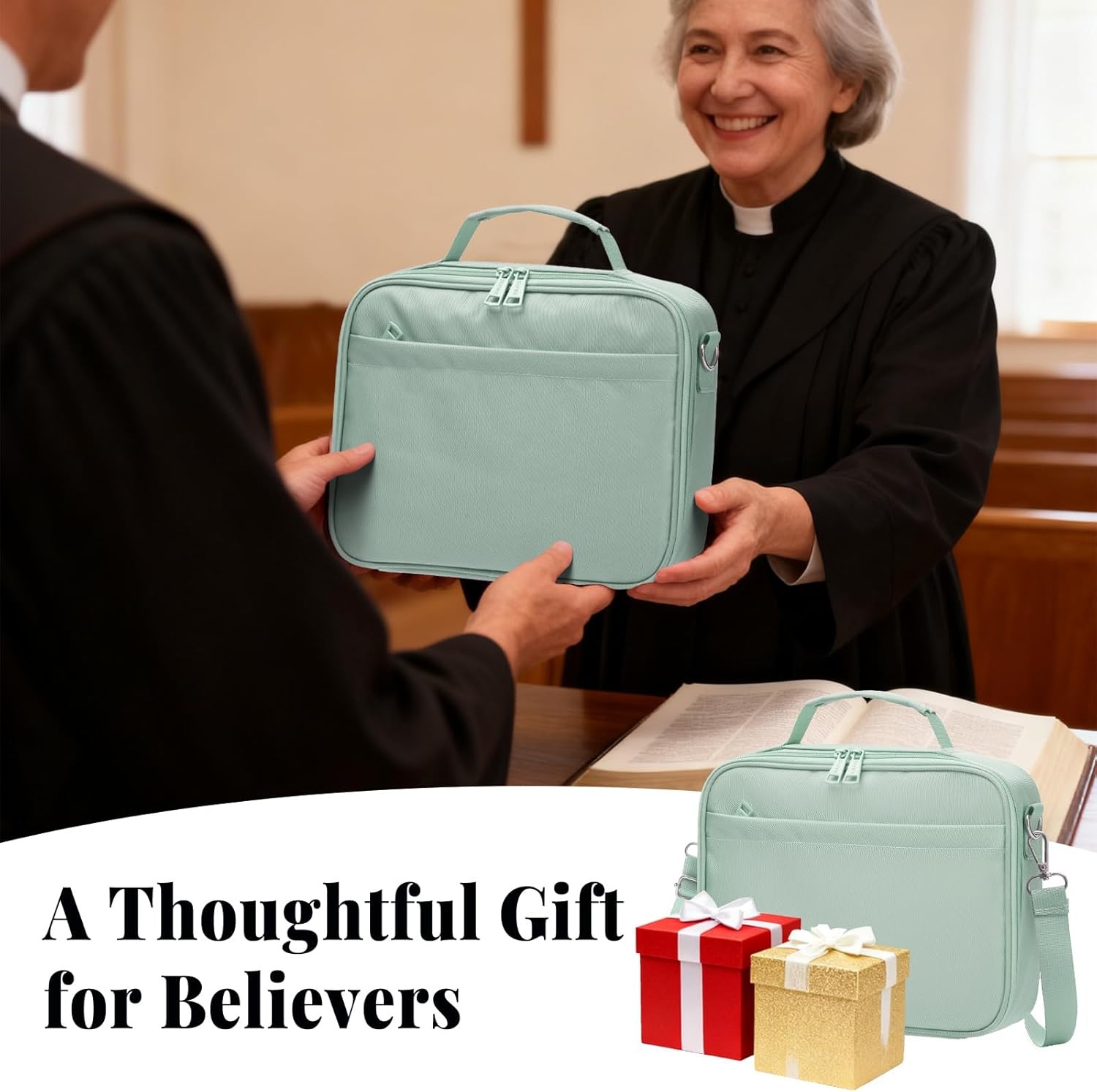 image:imageSUNEE Bible Cover for Women Large Bible Bag wShoulder Strap Carrying Book Case wPen Slots and Zippered Pocket Gift for Women amp Men Sage GreenSage Green