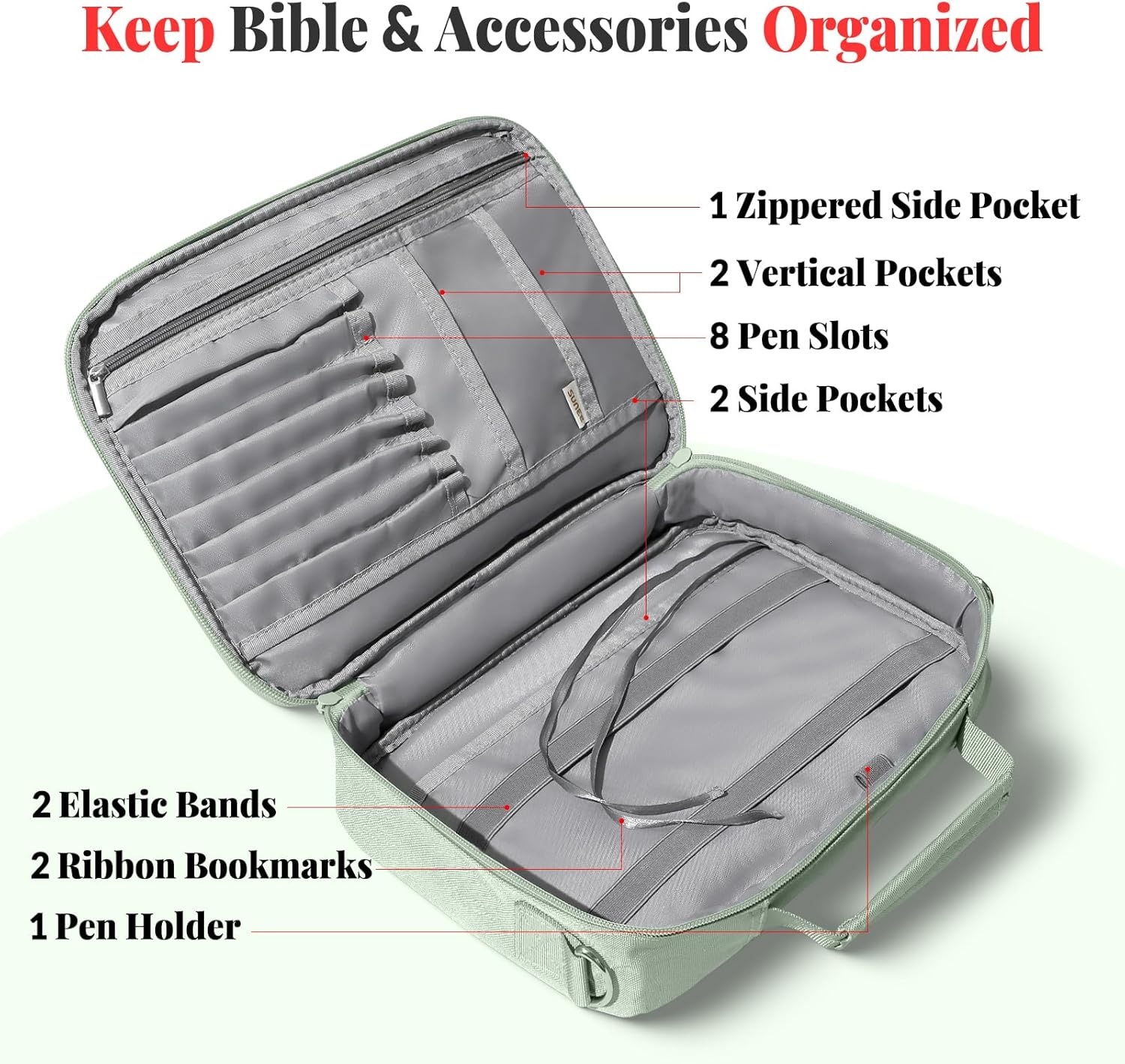 image:imageSUNEE Bible Cover for Women Large Bible Bag wShoulder Strap Carrying Book Case wPen Slots and Zippered Pocket Gift for Women amp Men Sage GreenSage Green