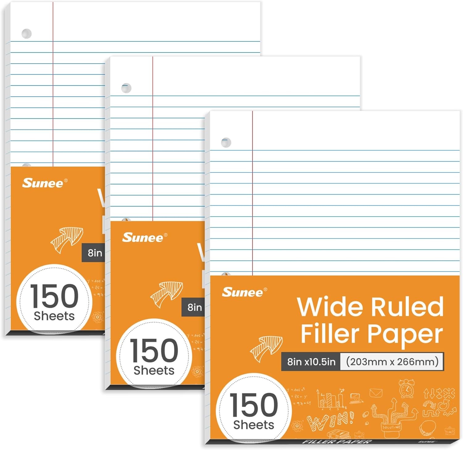 image:imageSUNEE Loose Leaf Paper 450 Sheets 3 Pack Wide Ruled Paper 8 x 1012 Inch Filler Paper 3 Hole Punch Binder Paper Loose Leaf Notebook Paper 150 SheetsPackWhite