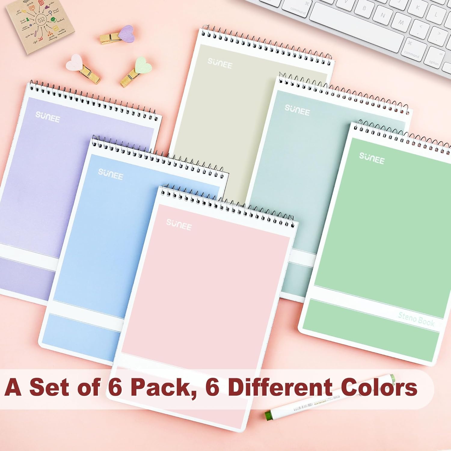 image:imageSUNEE Steno Pads 6x9 6 Pack Gregg Rule 60 Sheets 6 Assorted Color Spiral Notebook 6x9 White Paper Take Notes with Top Spiral Notebook for School University College Work Office